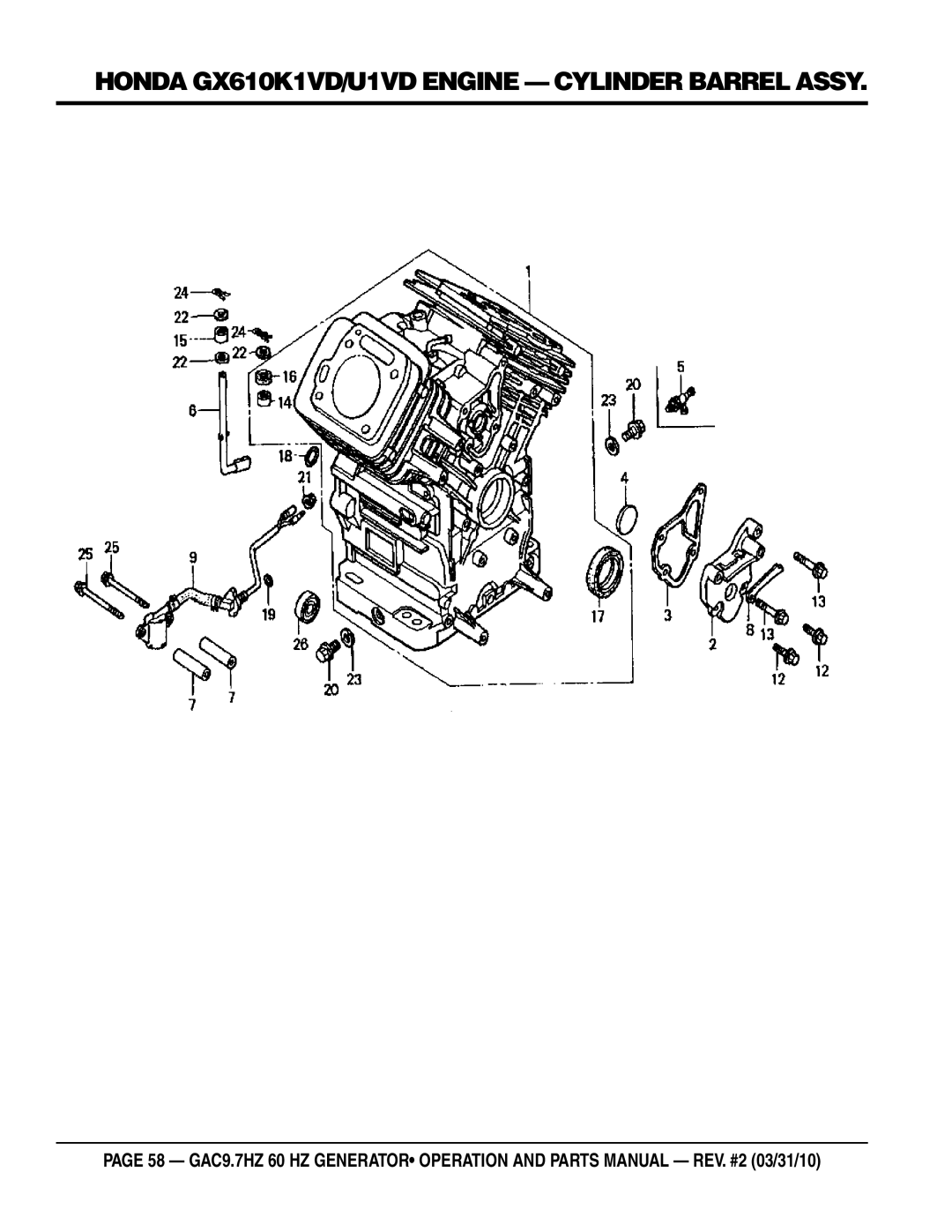 Multiquip GAC-9.7HZ manual Honda GX610K1VD/U1VD Engine Cylinder Barrel Assy 