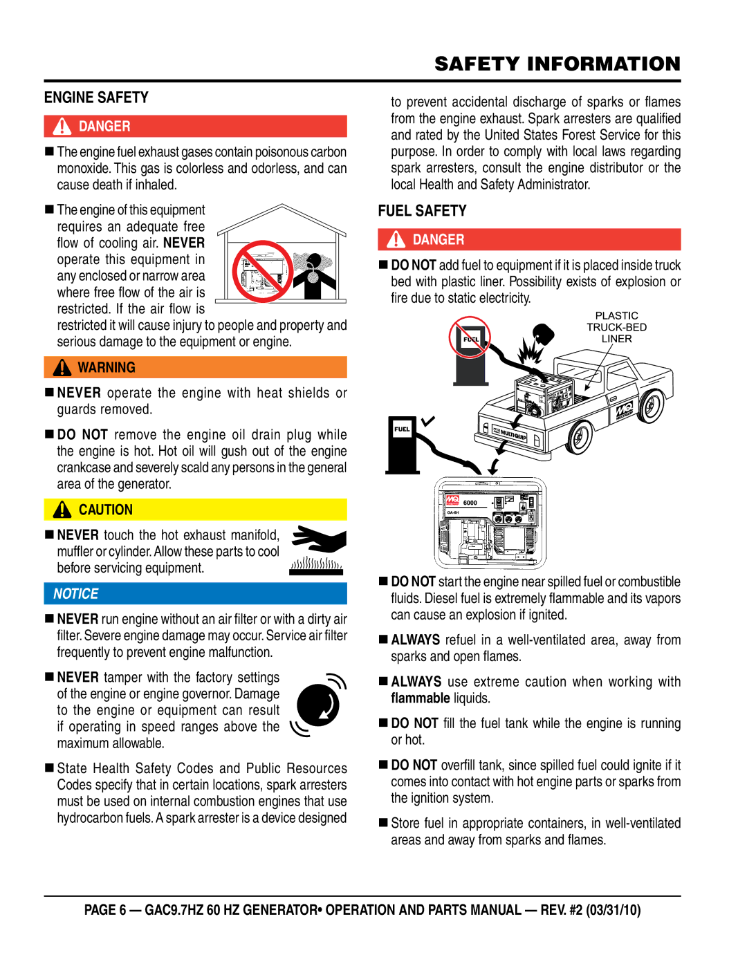 Multiquip GAC-9.7HZ manual ENgiNe saFeTY, Fuel saFeTY, Restricted. If the air fl ow is, Before servicing equipment 