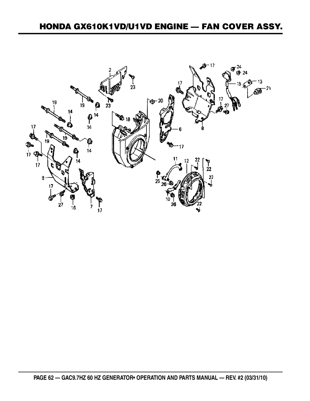Multiquip GAC-9.7HZ manual Honda GX610K1VD/U1VD Engine FAN Cover Assy 