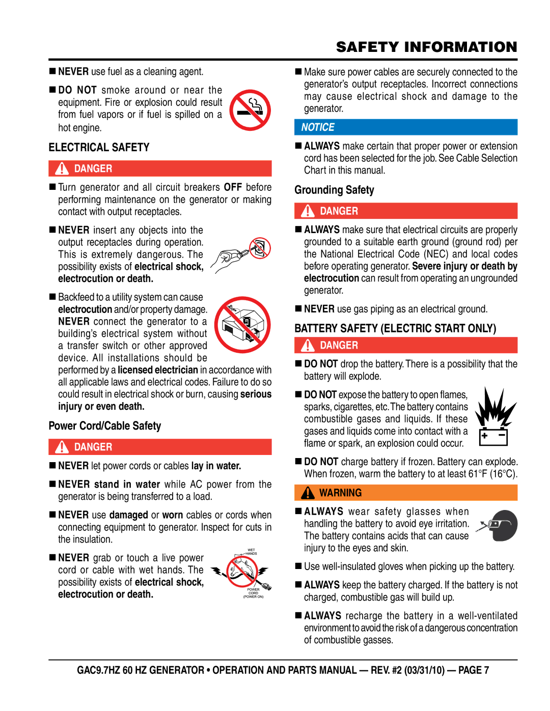 Multiquip GAC-9.7HZ manual EleCTRiCal saFeTY, Power Cord/Cable safety, Grounding safety, BaTTeRY saFeTY eleCTRiC sTaRT ONlY 