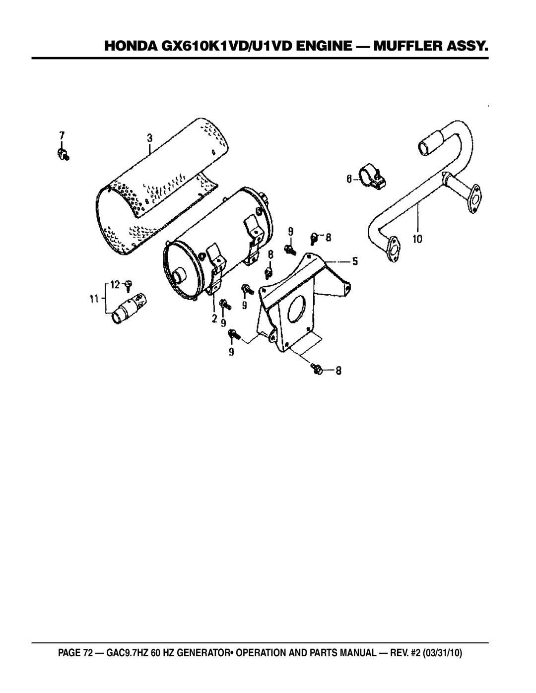 Multiquip GAC-9.7HZ manual Honda GX610K1VD/U1VD Engine Muffler Assy 