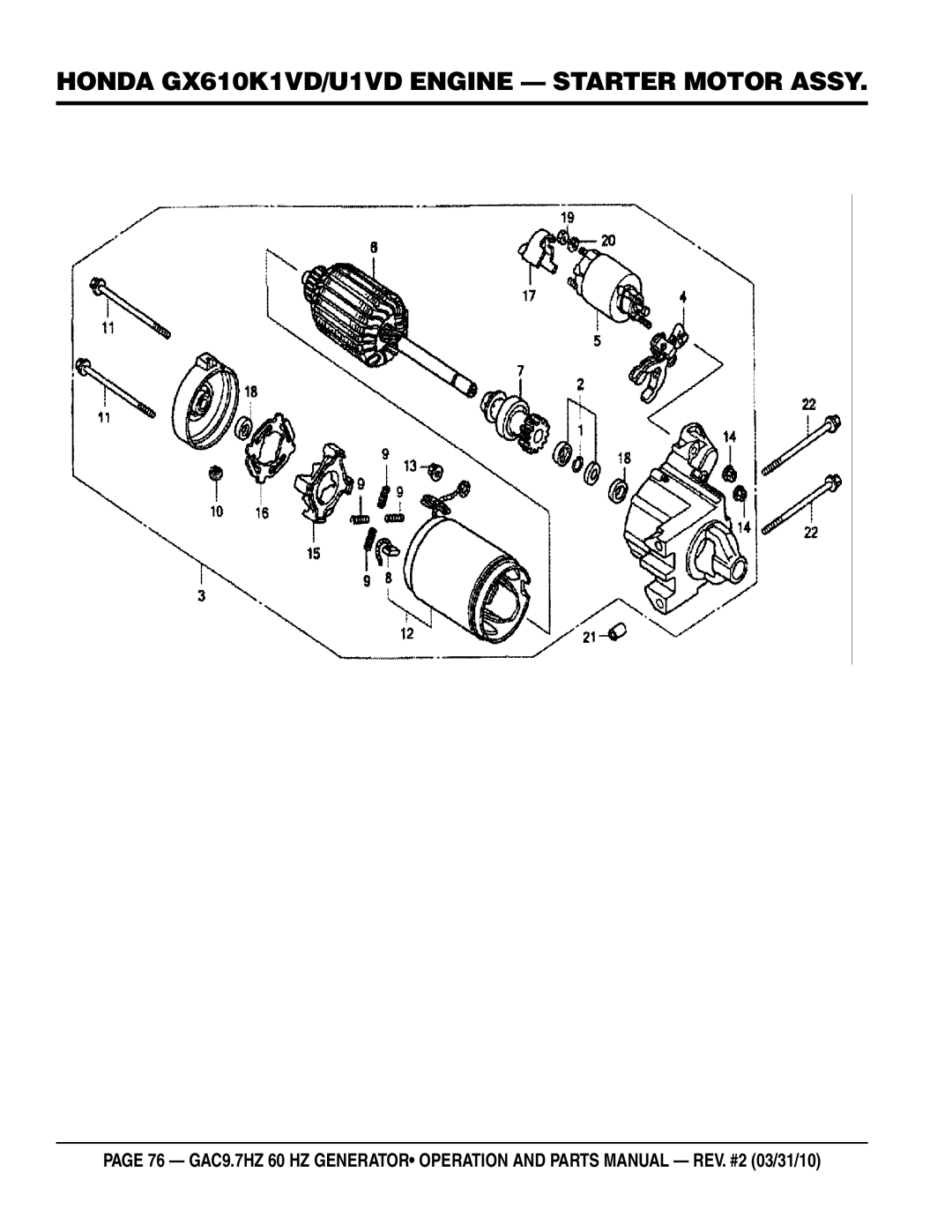 Multiquip GAC-9.7HZ manual Honda GX610K1VD/U1VD Engine Starter motor Assy 