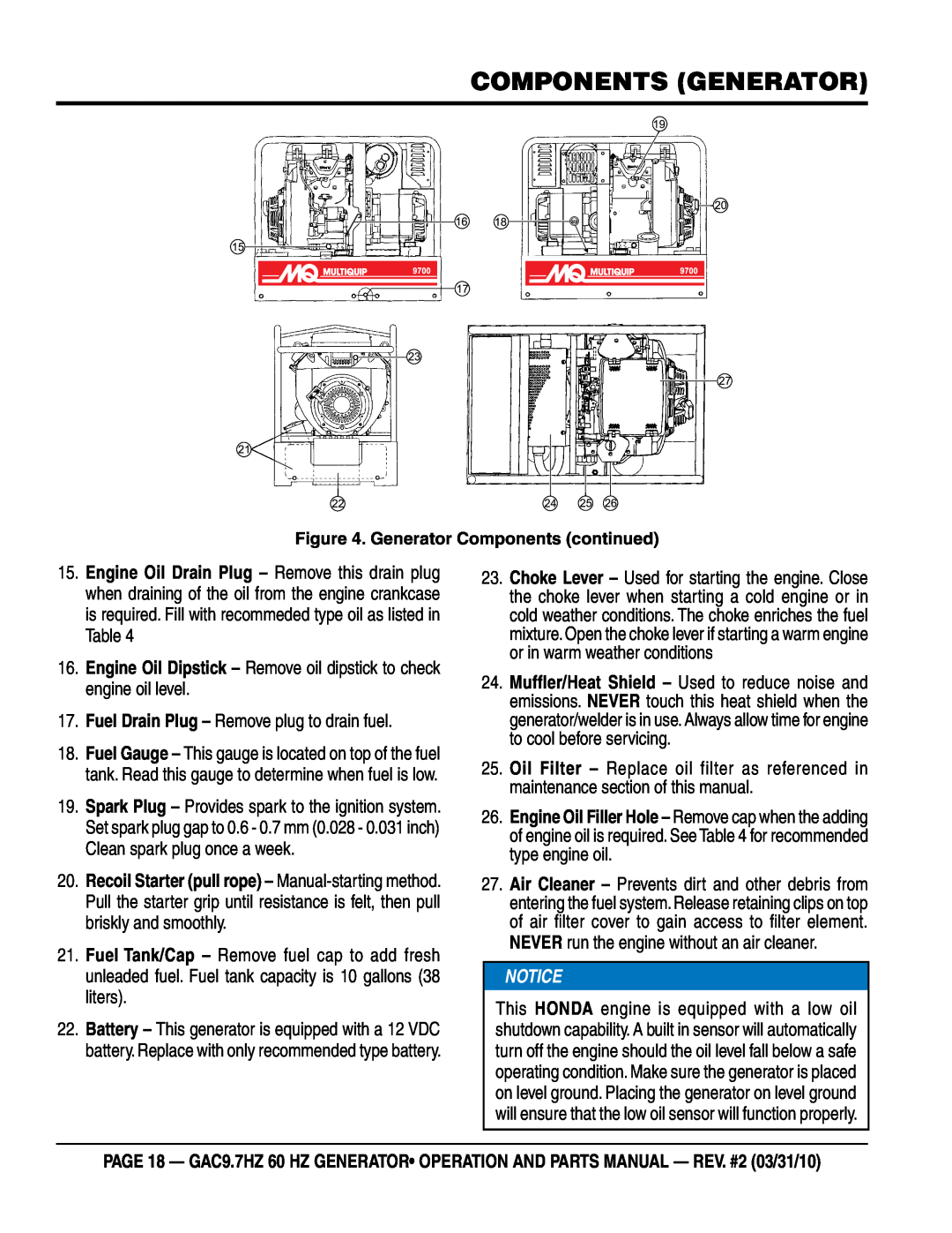 Multiquip GAC-9.7HZ manual components generator, Fuel Drain Plug - Remove plug to drain fuel 