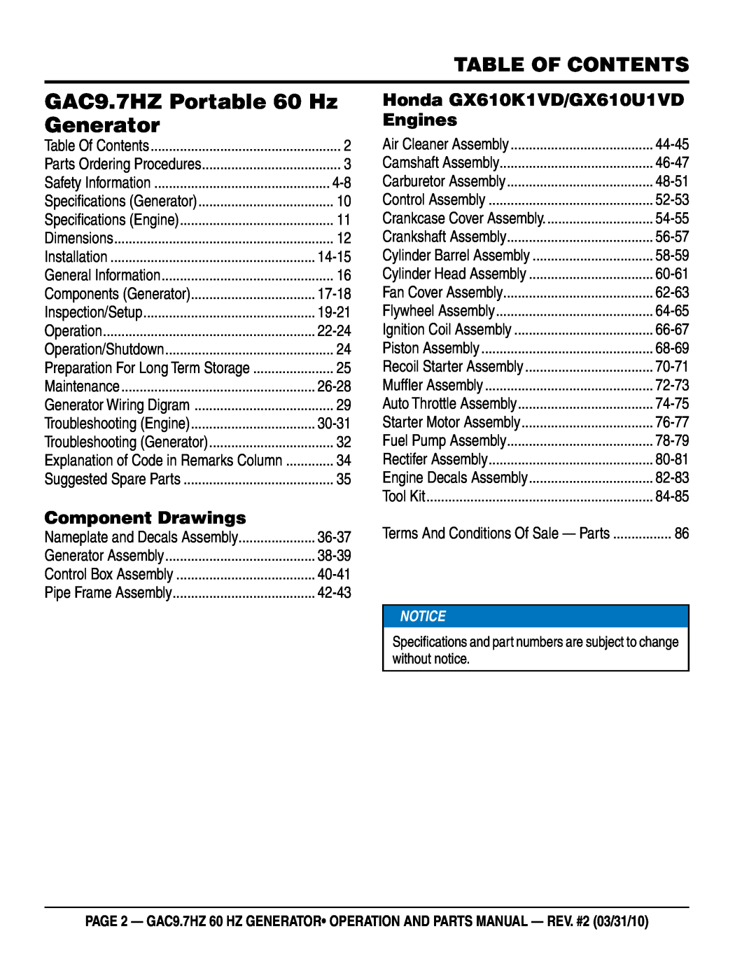 Multiquip GAC-9.7HZ manual Table of Contents, Component Drawings, Honda GX610K1VD/GX610U1VD Engines 