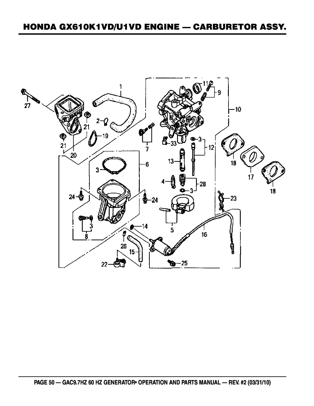 Multiquip GAC-9.7HZ manual HONDA GX610K1VD/U1VD ENGINE - CARBURETOR ASSY 