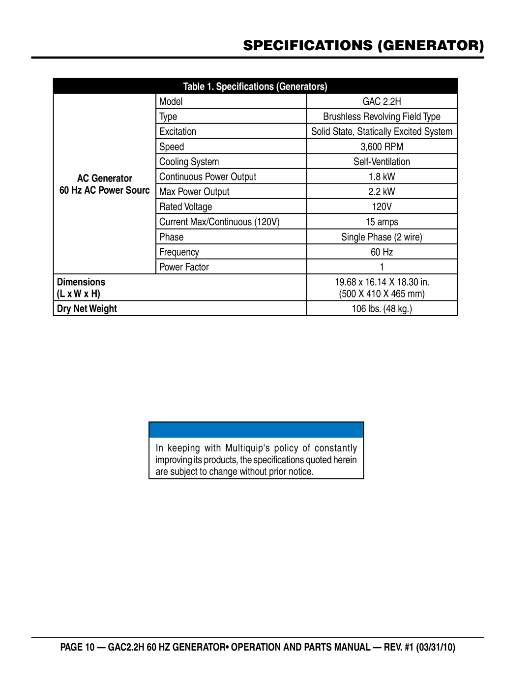 Multiquip GAC2.2H manual Specifications gENERATOR, Dimensions, W x H, Dry Net Weight 