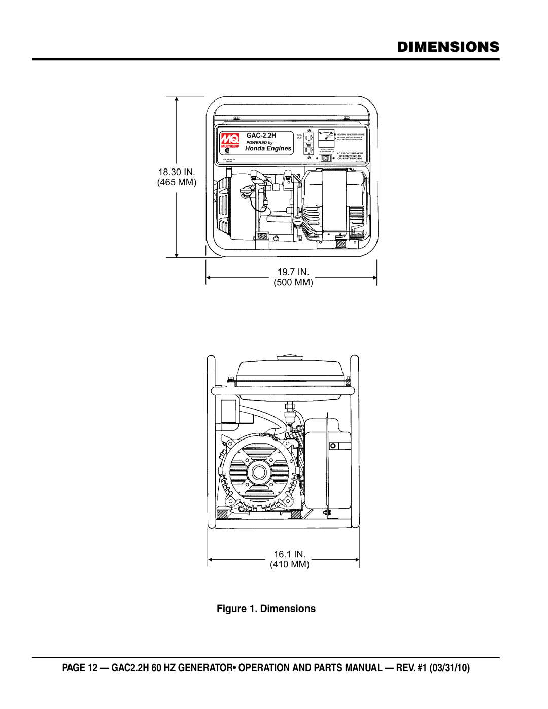 Multiquip GAC2.2H manual Dimensions, 18.30IN MM 