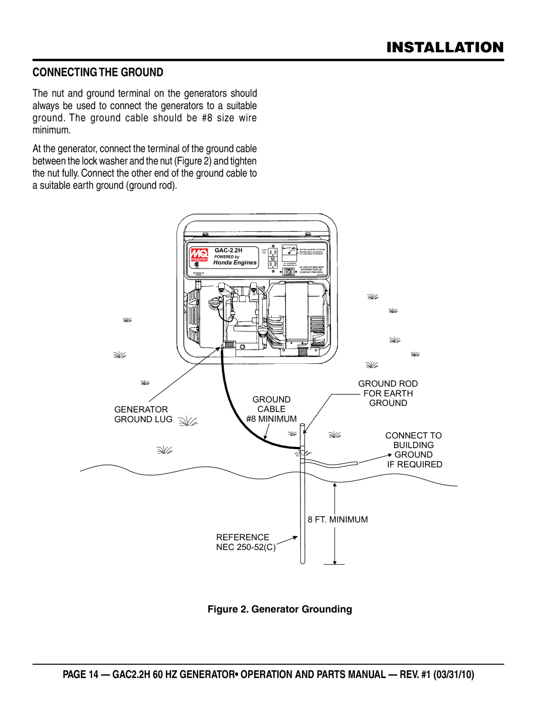 Multiquip GAC2.2H manual Installation, Connecting the Ground 