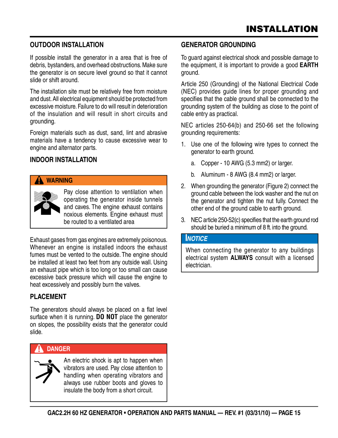 Multiquip GAC2.2H manual Outdoor Installation, Indoor Installation, Placement, Generator Grounding 