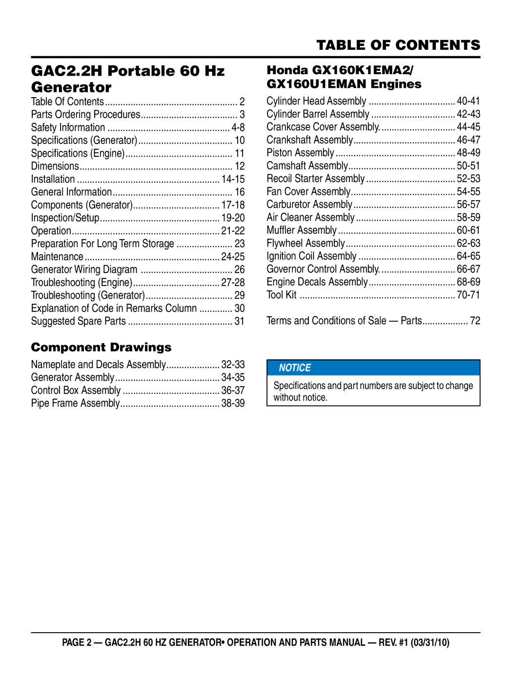 Multiquip manual GAC2.2H Portable 60 Hz Generator, Table of Contents 