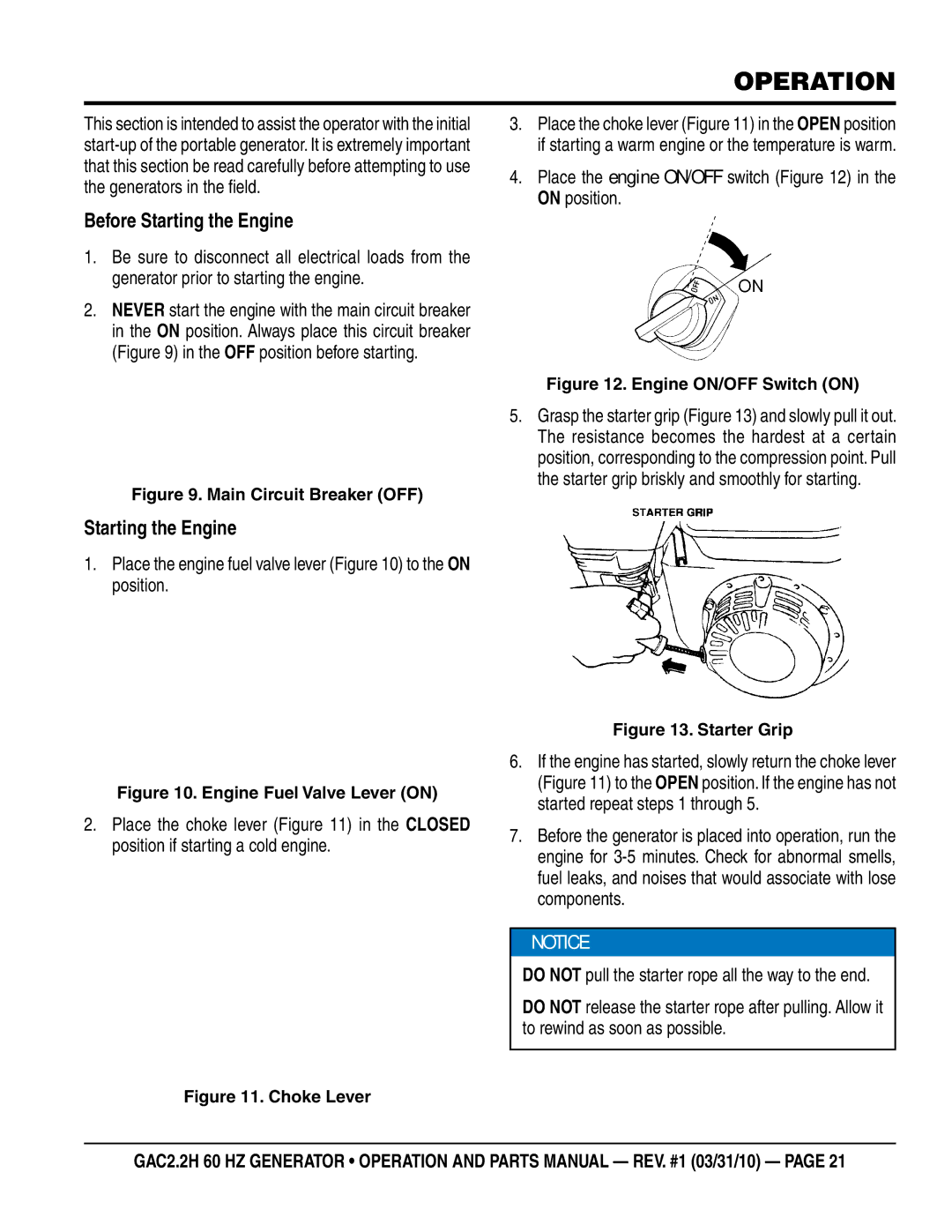 Multiquip GAC2.2H manual Operation, Before Starting the Engine 