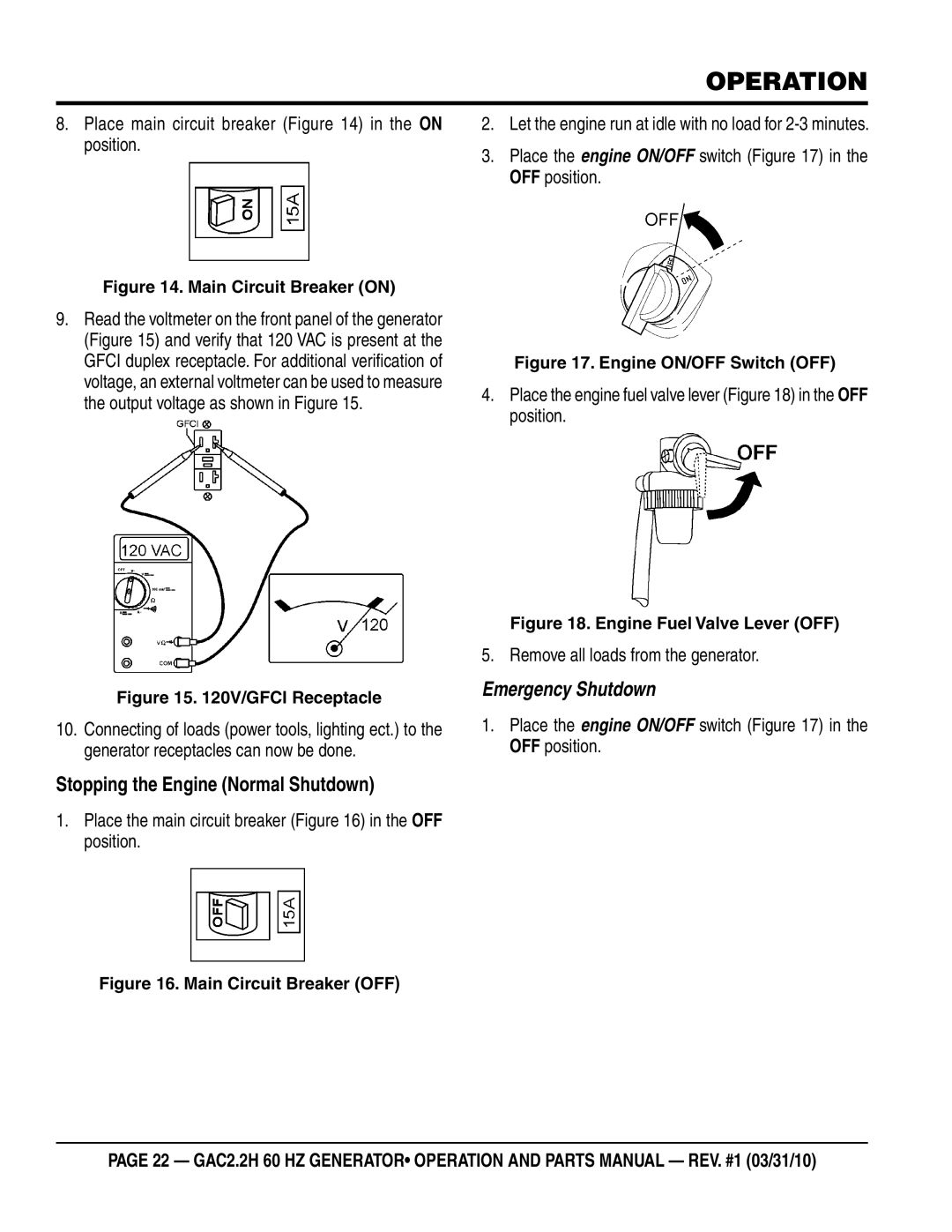 Multiquip GAC2.2H manual Stopping the Engine Normal Shutdown, Emergency Shutdown 