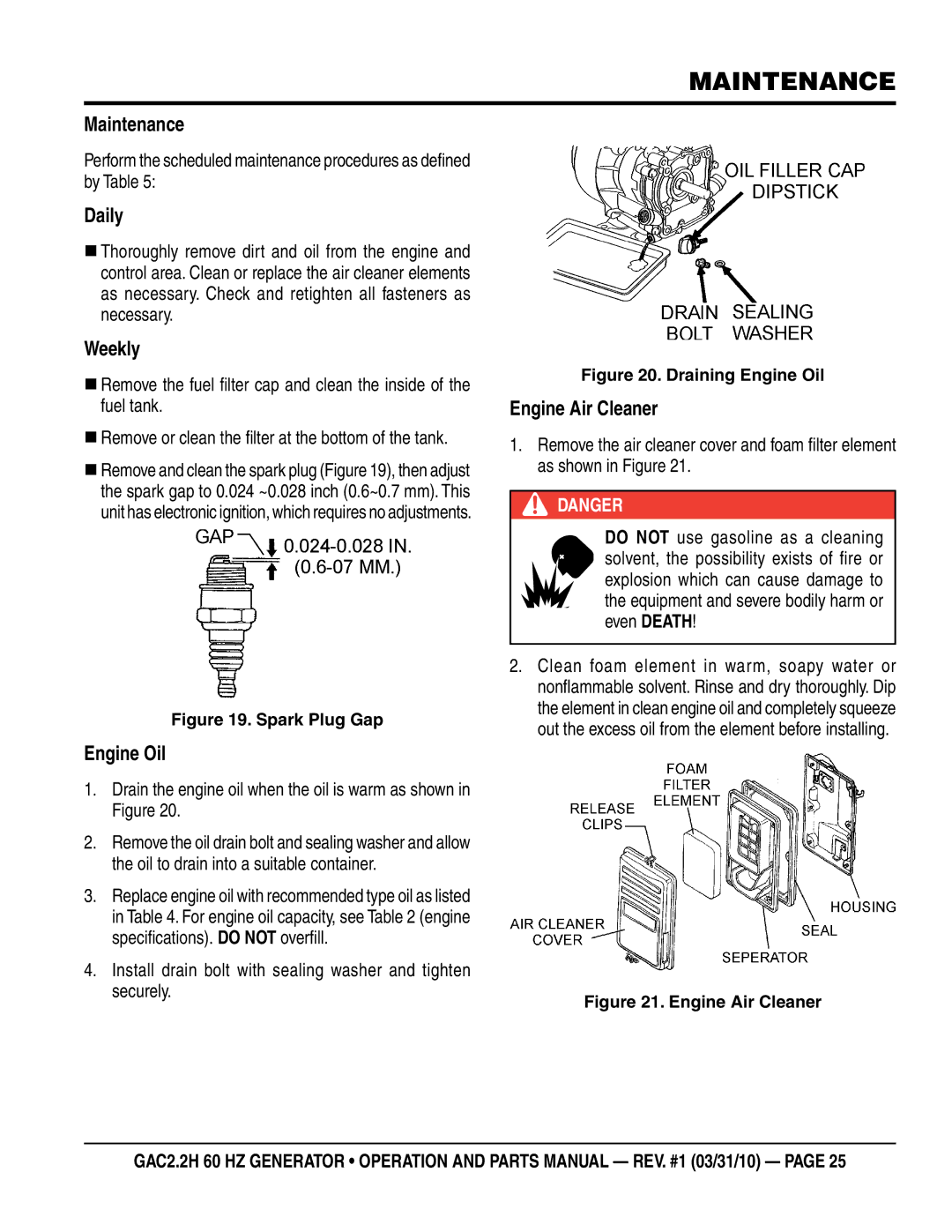 Multiquip GAC2.2H manual Maintenance, Daily, Weekly, Engine Oil, Engine Air Cleaner 