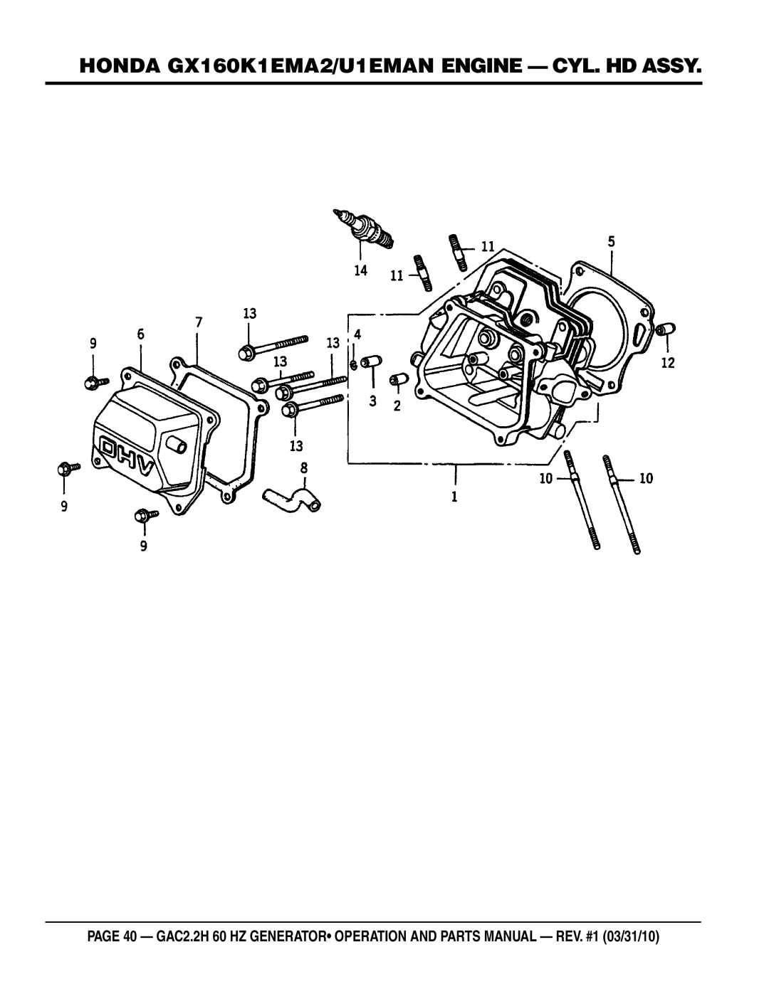 Multiquip GAC2.2H manual Honda GX160K1EMA2/U1EMAN engine cyl. hd assy 