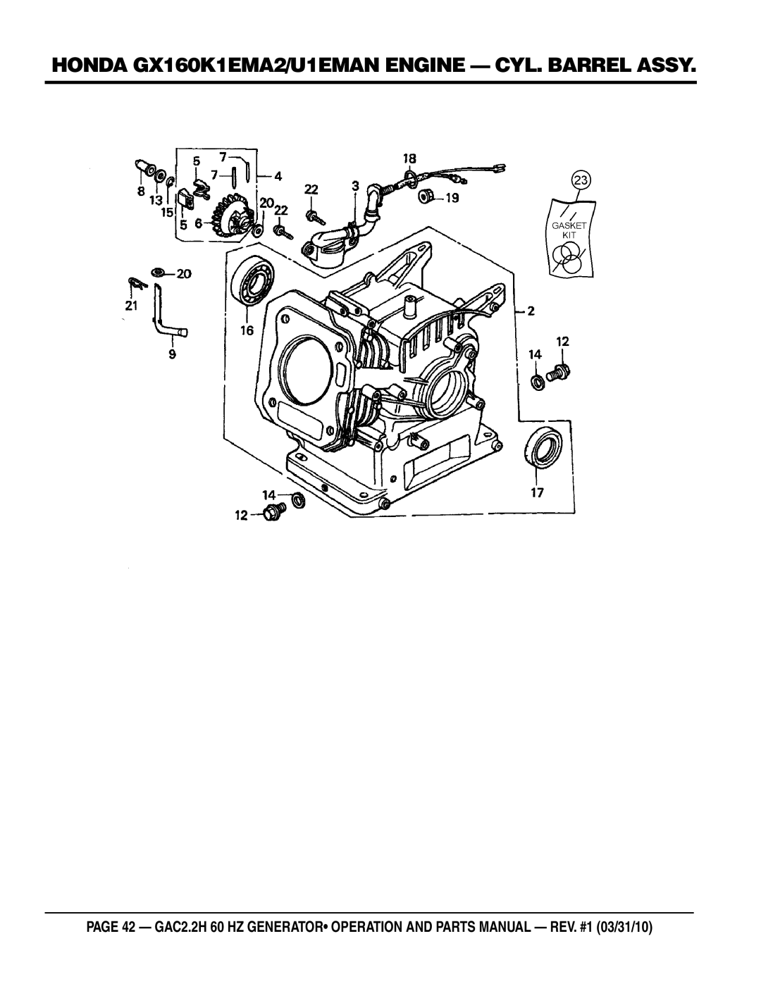 Multiquip GAC2.2H manual Honda GX160K1EMA2/U1EMAN engine cyl. barrel assy 