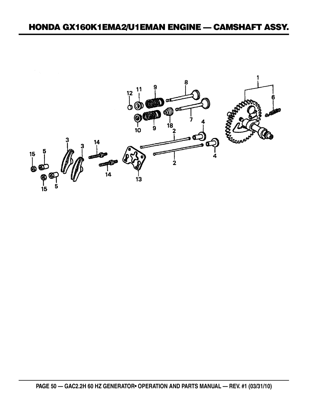 Multiquip GAC2.2H manual Honda GX160K1EMA2/U1EMAN engine cAMshaft assy 