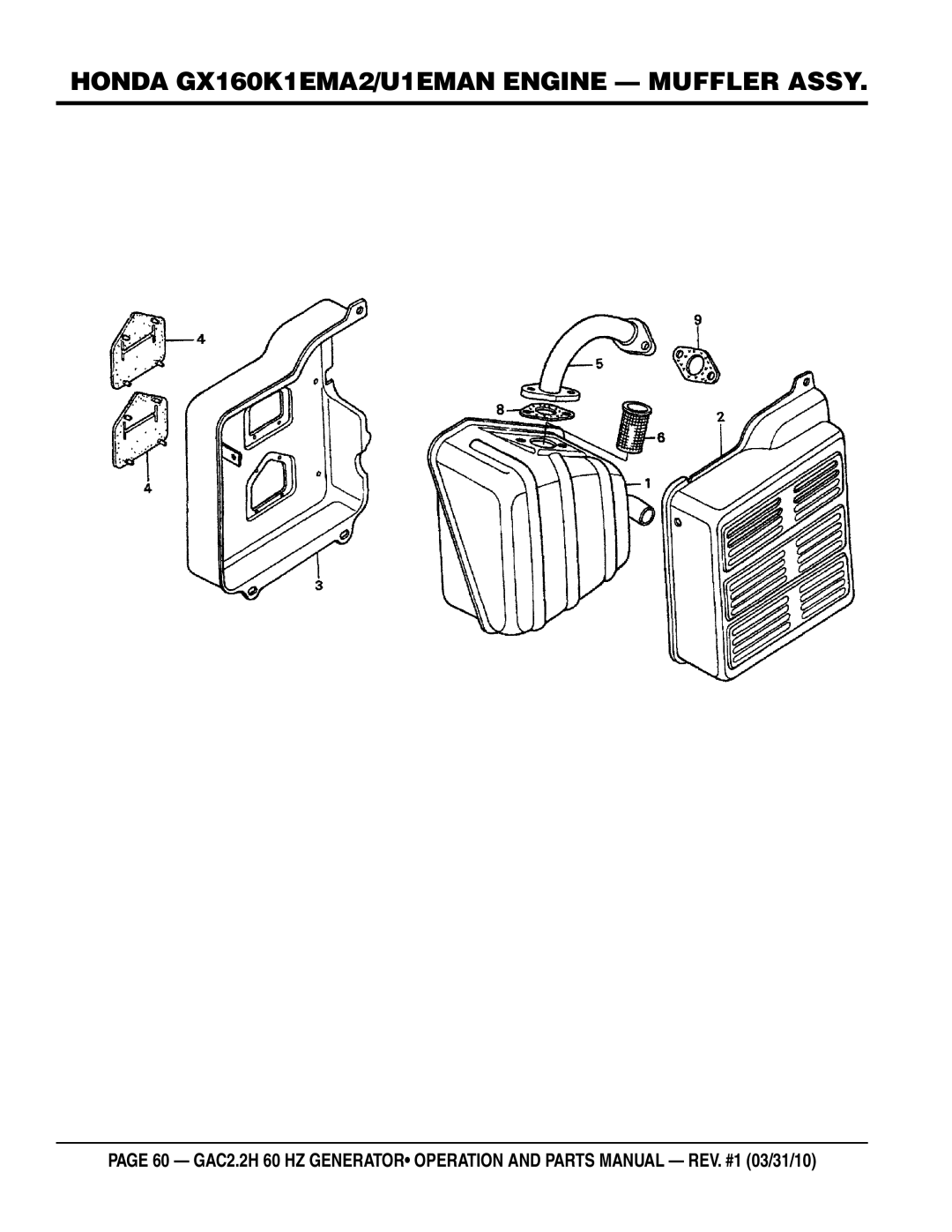 Multiquip GAC2.2H manual Honda GX160K1EMA2/U1EMAN engine Muffler assy 