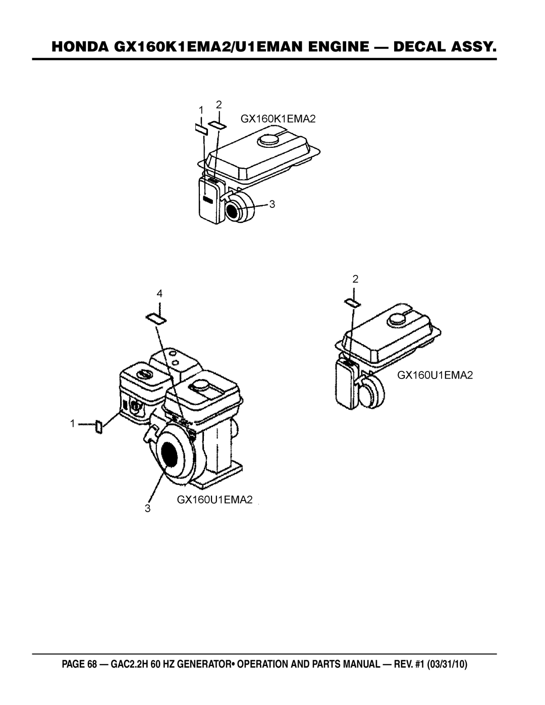 Multiquip GAC2.2H manual Honda GX160K1EMA2/U1EMAN engine Decal assy 