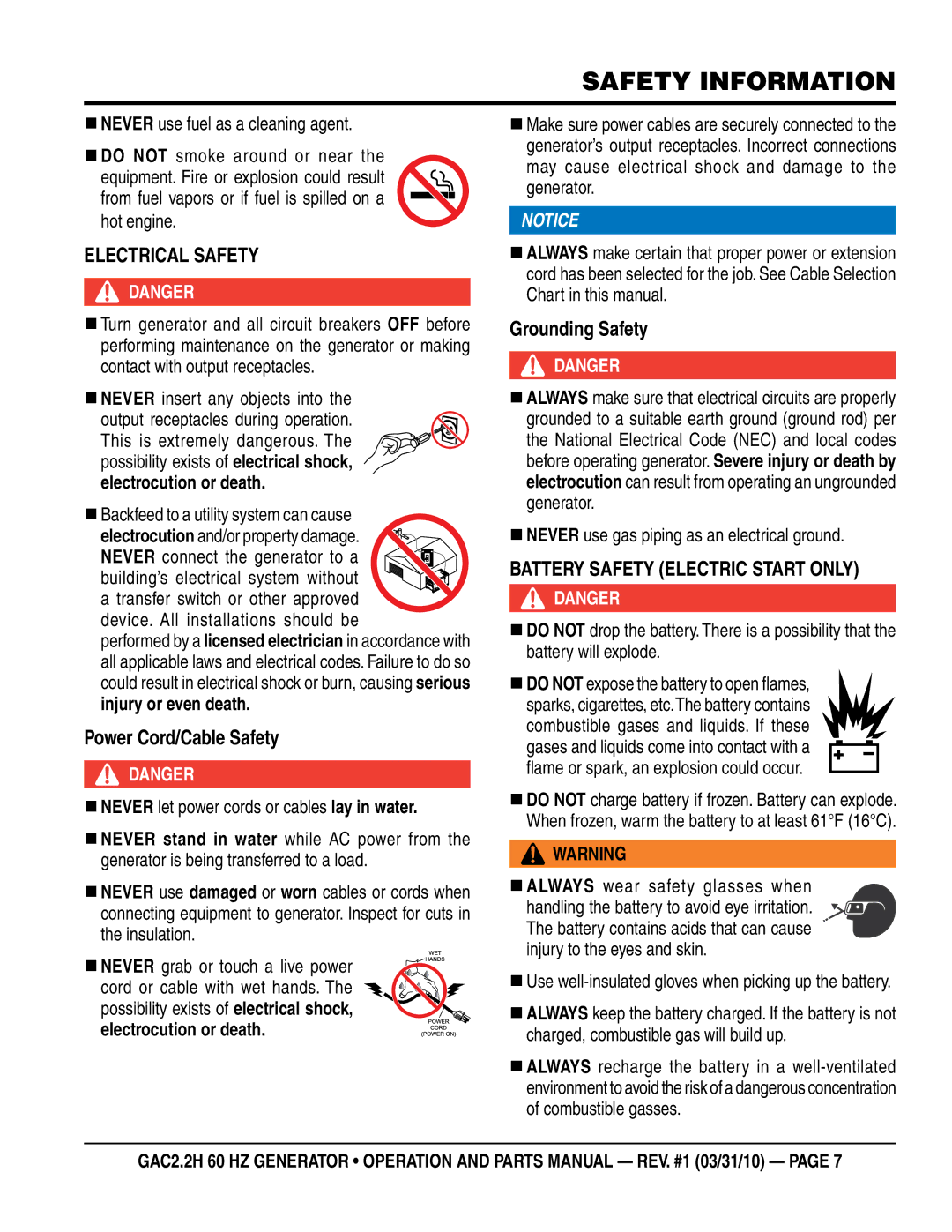 Multiquip GAC2.2H manual ElecTRical saFeTY, Power cord/cable safety, Grounding safety, BaTTeRY saFeTY elecTRic sTaRT ONlY 