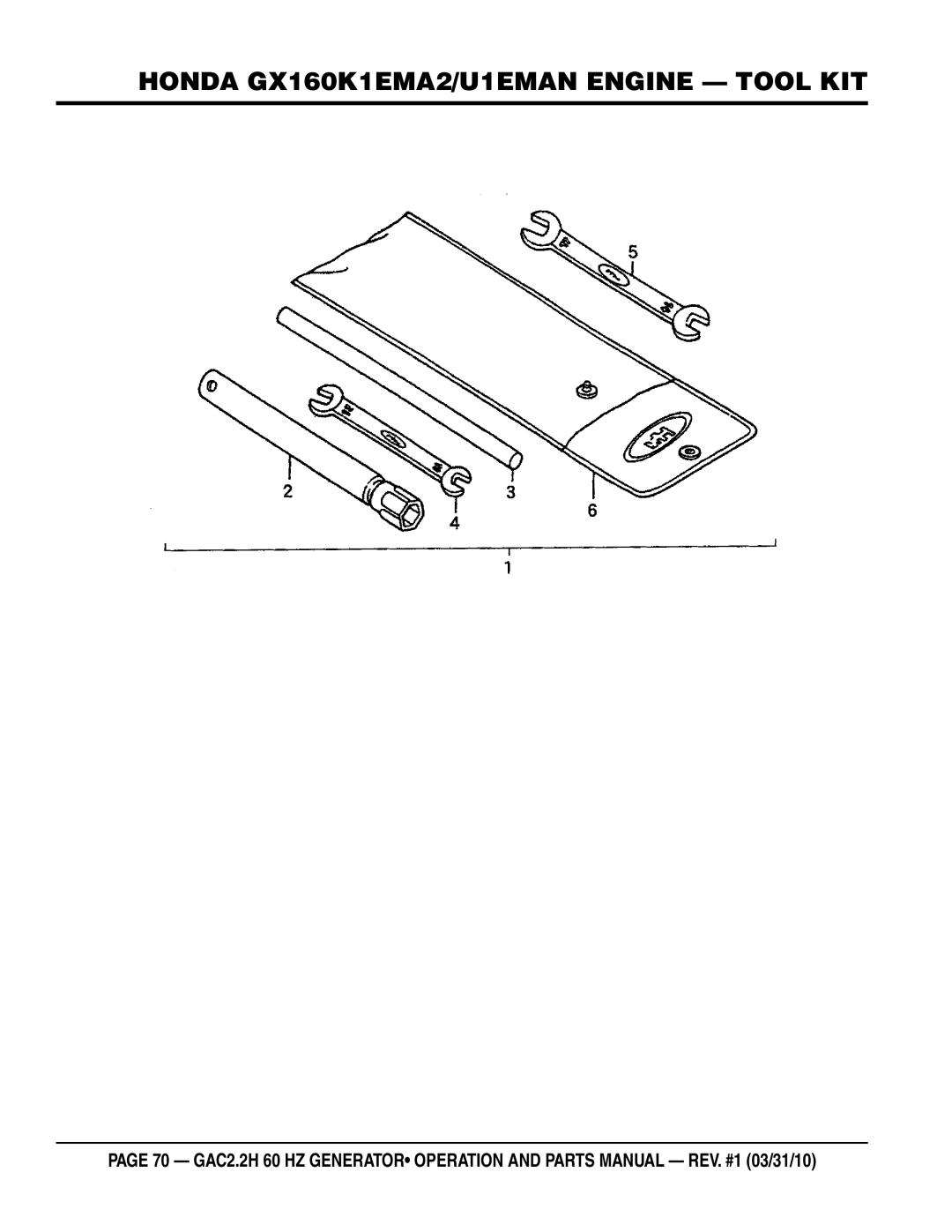 Multiquip GAC2.2H manual Honda GX160K1EMA2/U1EMAN engine Tool KIT 