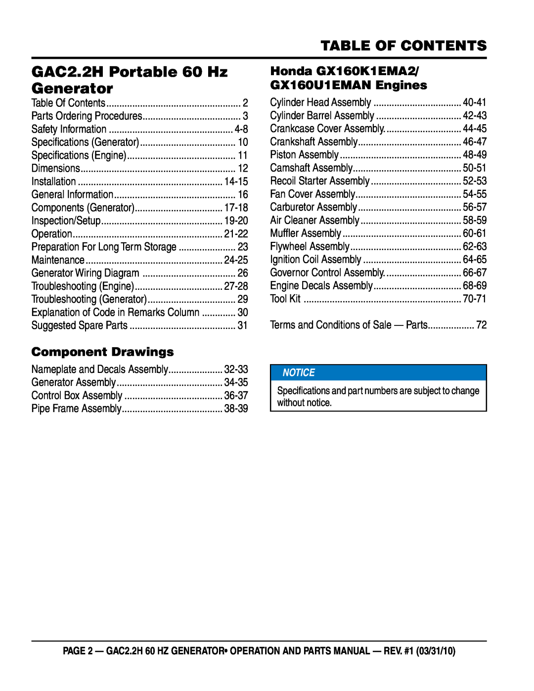 Multiquip GAC2.2H manual Table of Contents, Component Drawings, Honda GX160K1EMA2 GX160U1EMAN Engines 