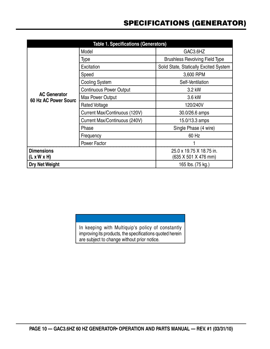 Multiquip GAC3.6HZ manual Specifications gENERATOR, Specifications Generators 