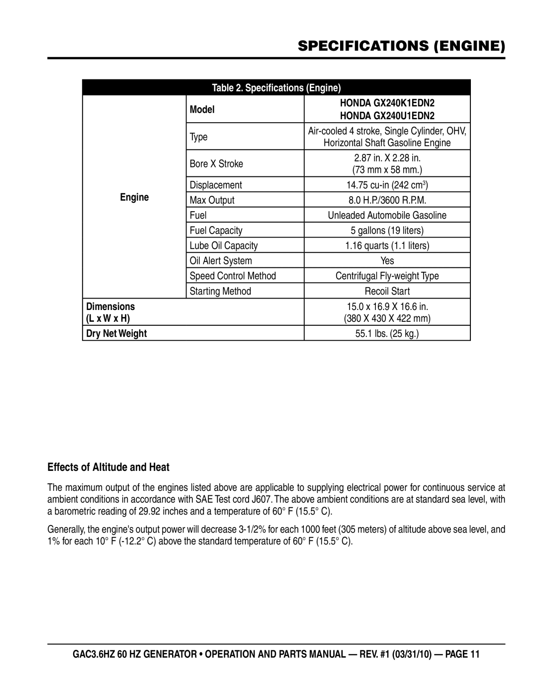 Multiquip GAC3.6HZ manual Specifications engine, Effects of Altitude and Heat 