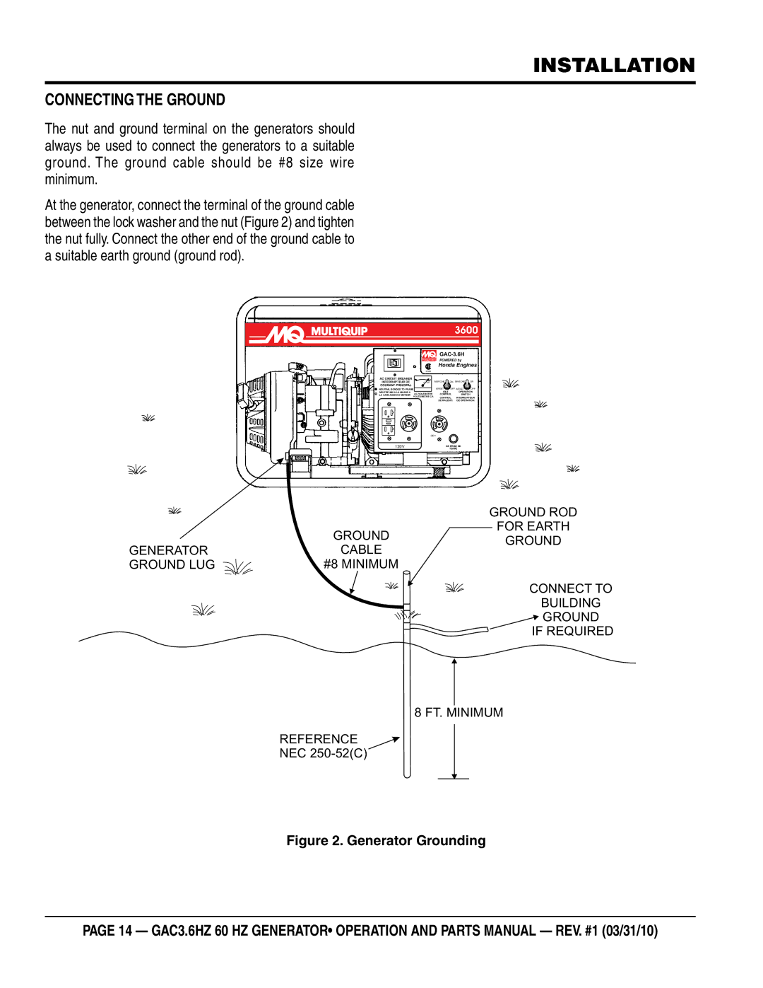 Multiquip GAC3.6HZ manual Installation, Connecting the Ground 