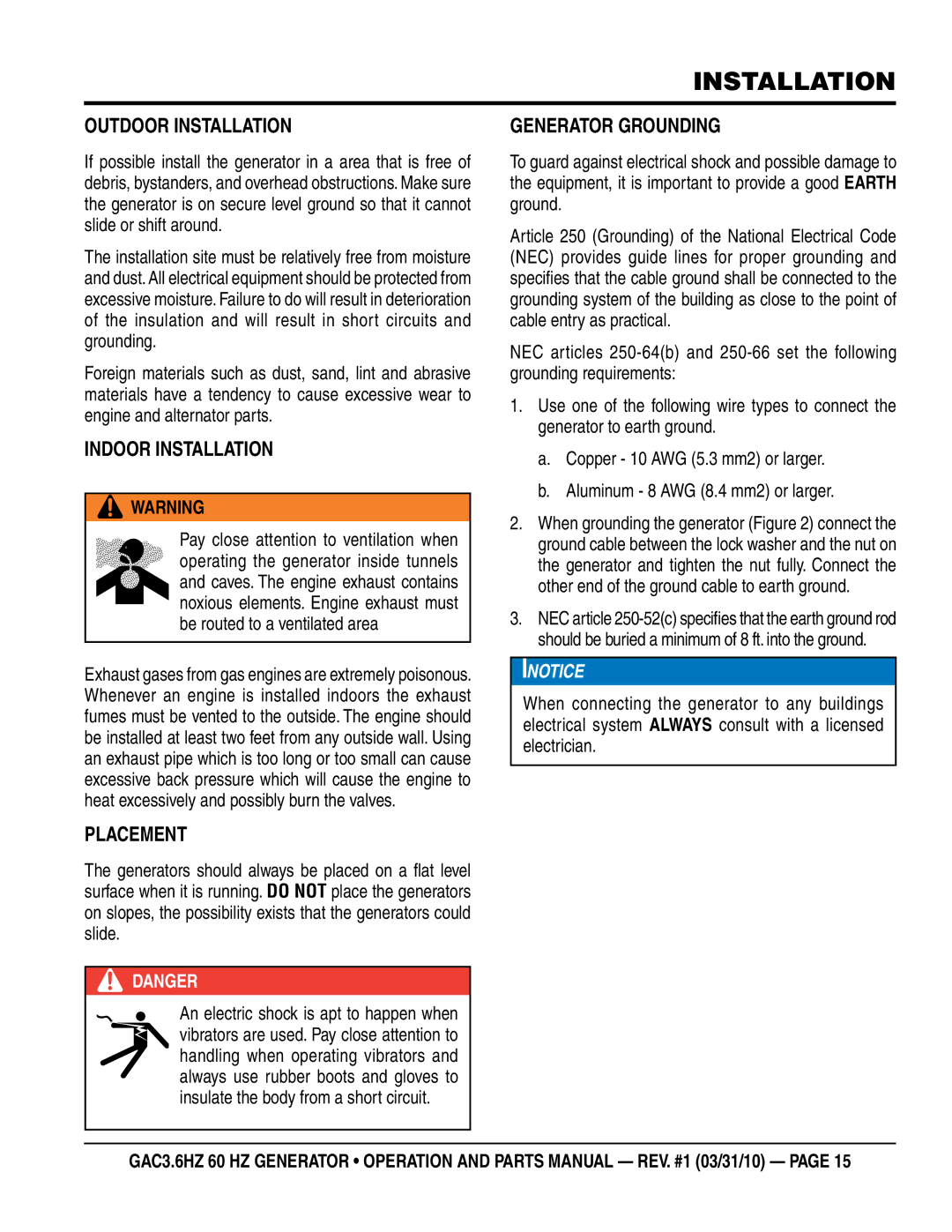 Multiquip GAC3.6HZ manual Outdoor Installation, Indoor Installation, Placement, Generator Grounding 