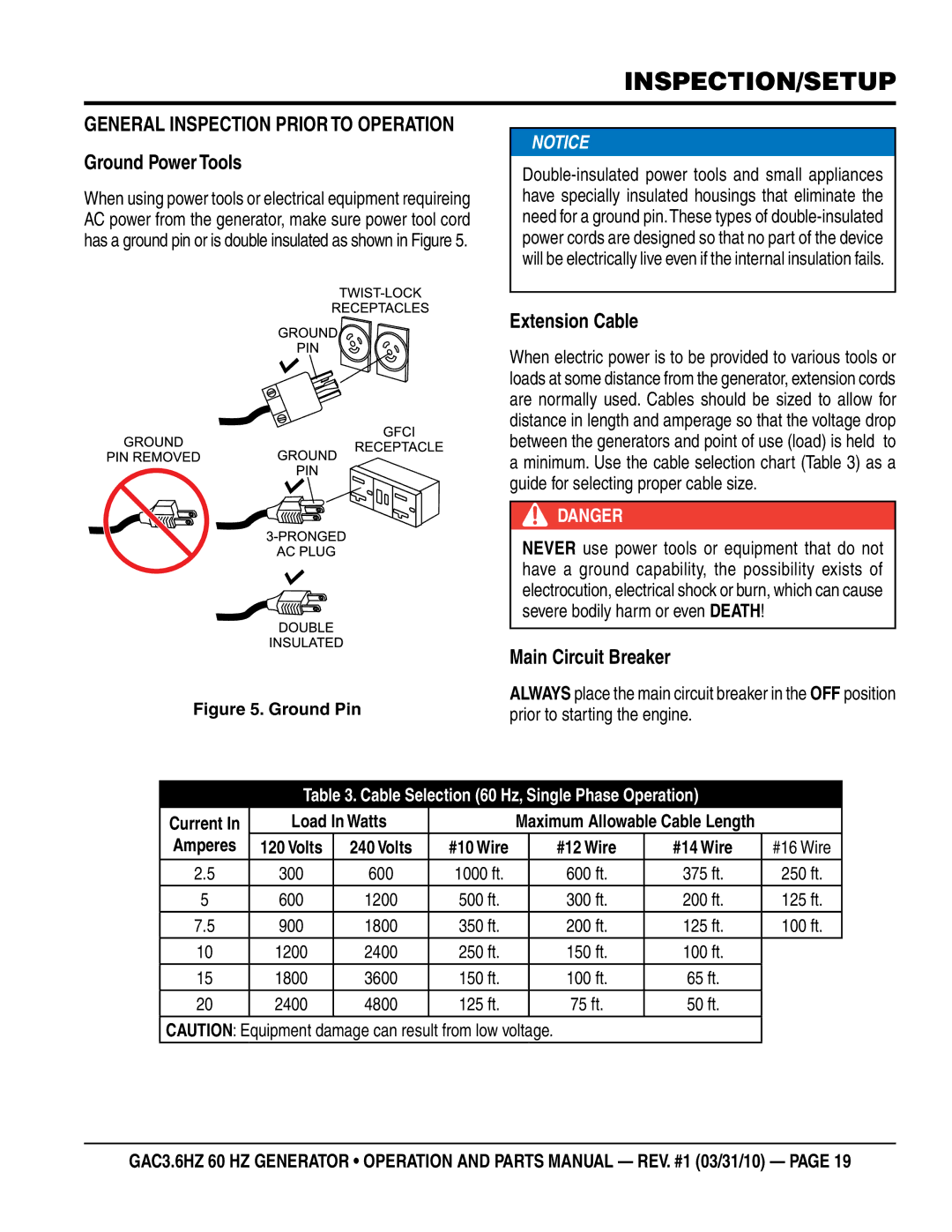 Multiquip GAC3.6HZ manual General Inspection Prior to Operation Ground Power Tools, Extension Cable, Main Circuit Breaker 