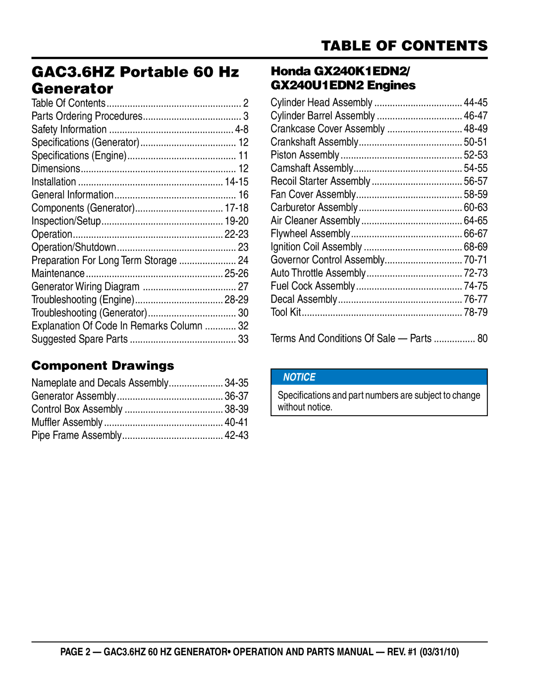 Multiquip manual GAC3.6HZ Portable 60 Hz Generator, Table of Contents 