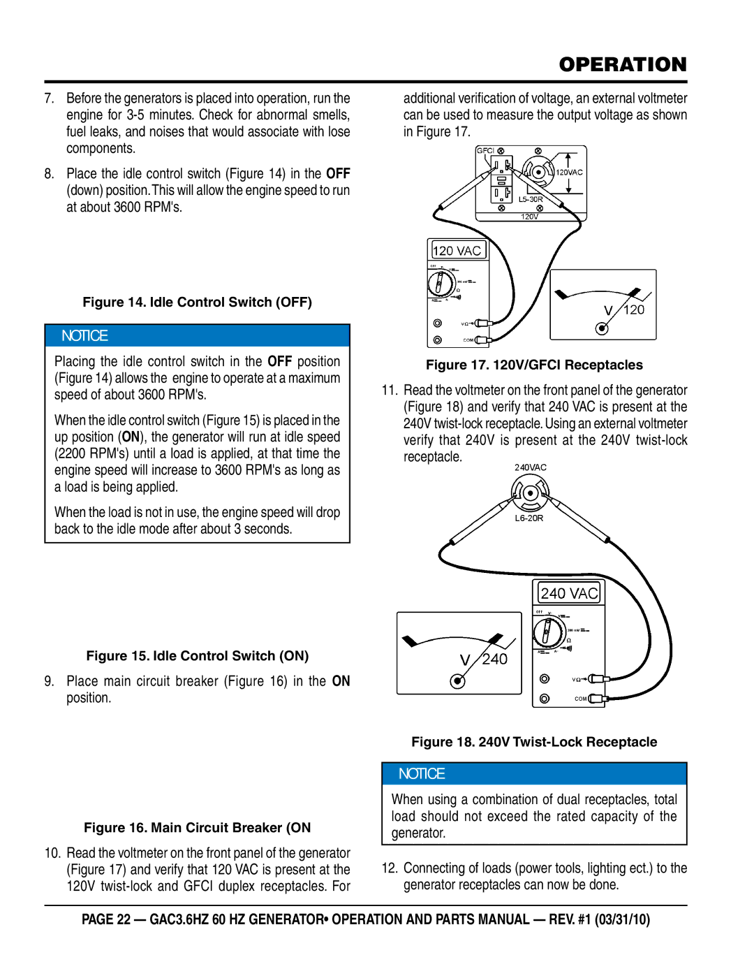 Multiquip GAC3.6HZ manual Place main circuit breaker in the on position 