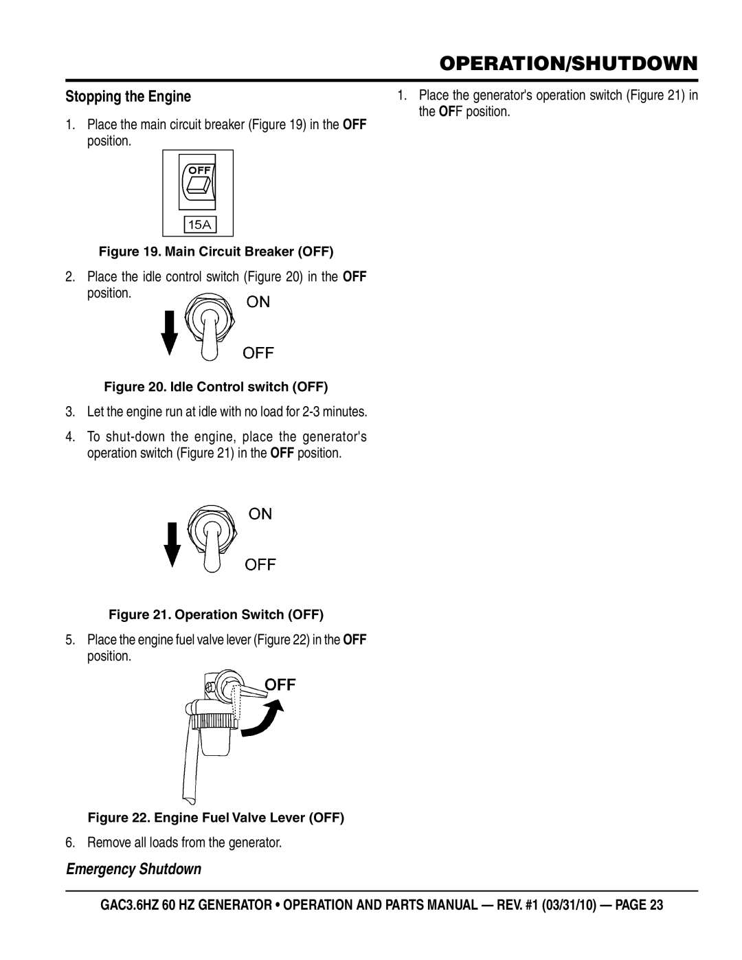 Multiquip GAC3.6HZ manual Operation/shutdown, Stopping the Engine 