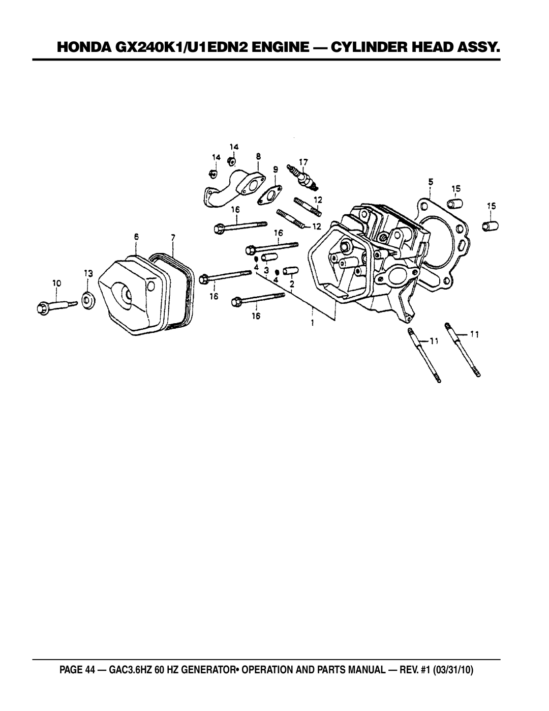 Multiquip GAC3.6HZ manual Honda gx240k1/u1edn2 engine cylinder head assy 