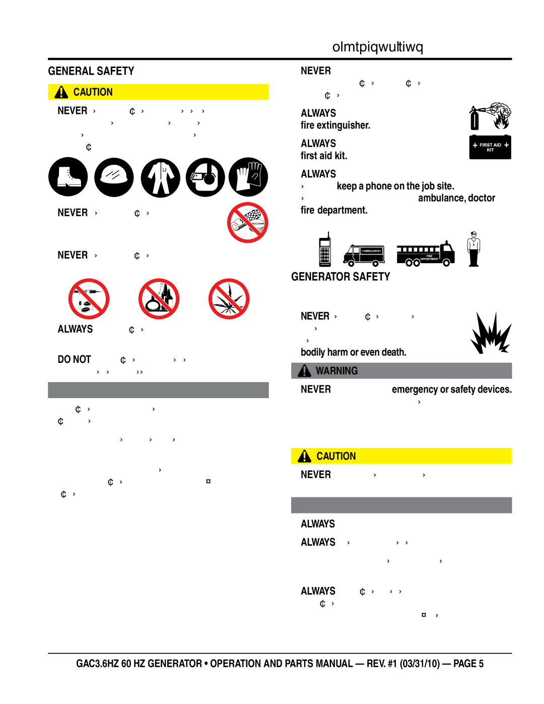 Multiquip GAC3.6HZ manual GeNeRal saFeTY, GeNeRaTOR saFeTY 