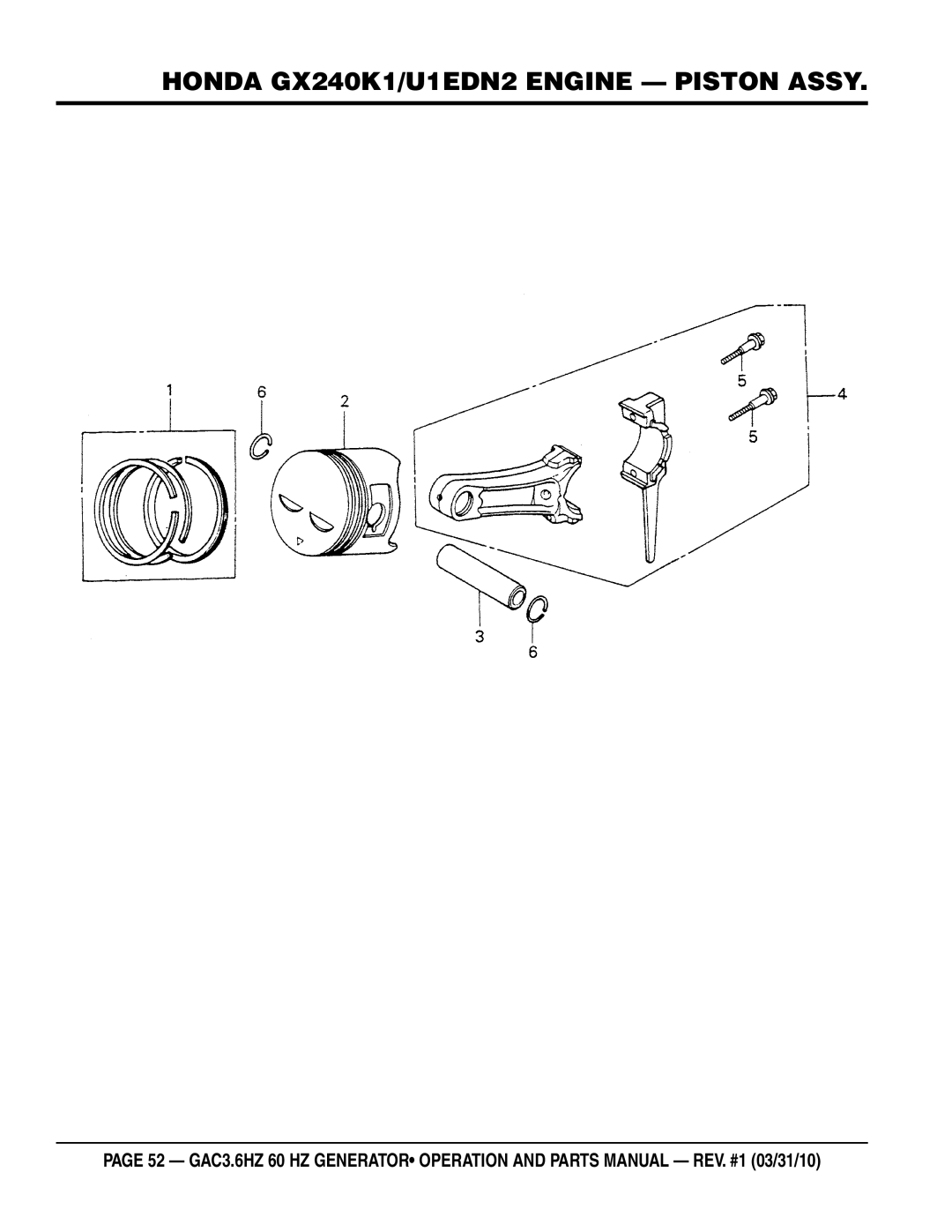 Multiquip GAC3.6HZ manual Honda gx240k1/u1edn2 engine Piston assy 