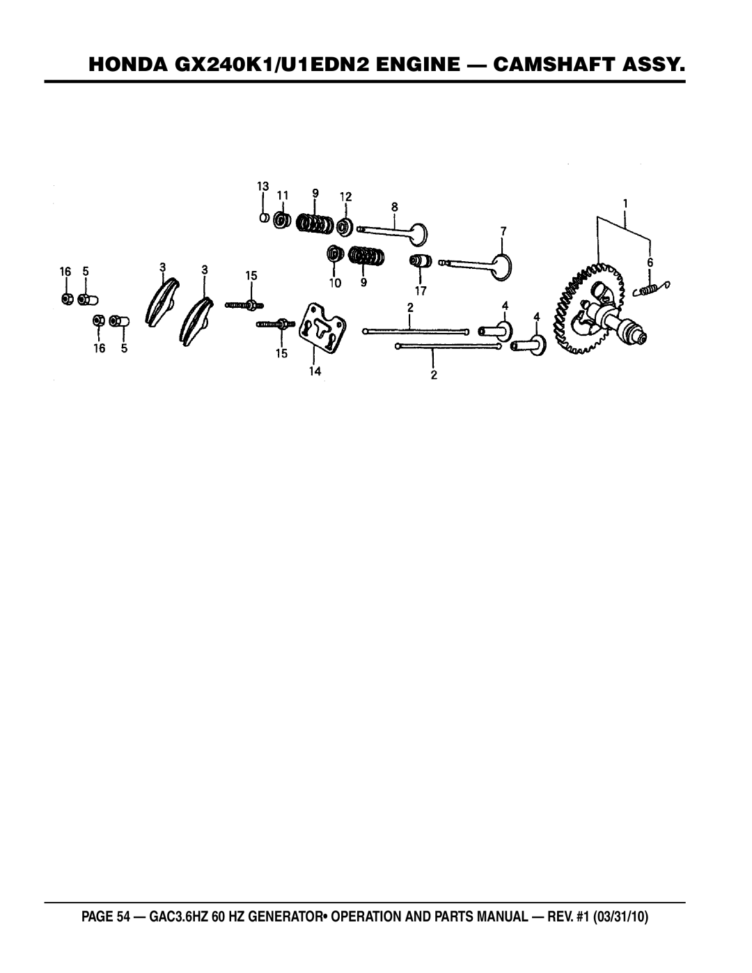 Multiquip GAC3.6HZ manual Honda gx240k1/u1edn2 engine cAMshaft assy 