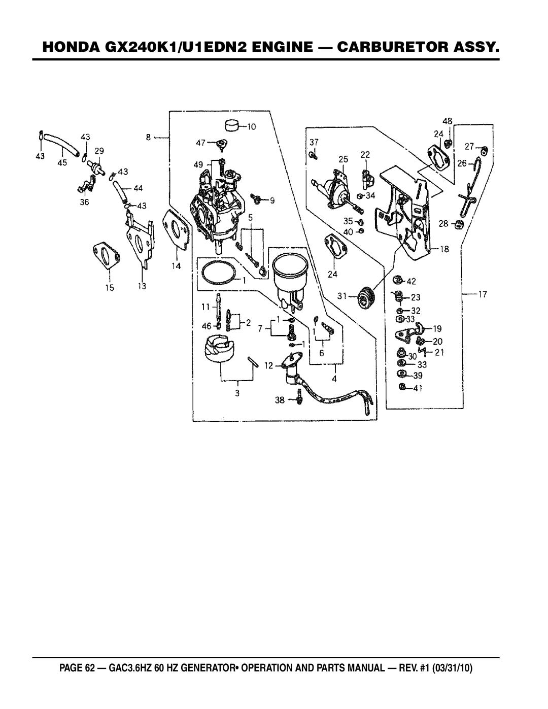 Multiquip GAC3.6HZ manual Honda gx240k1/u1edn2 engine caRBURETOR assy 