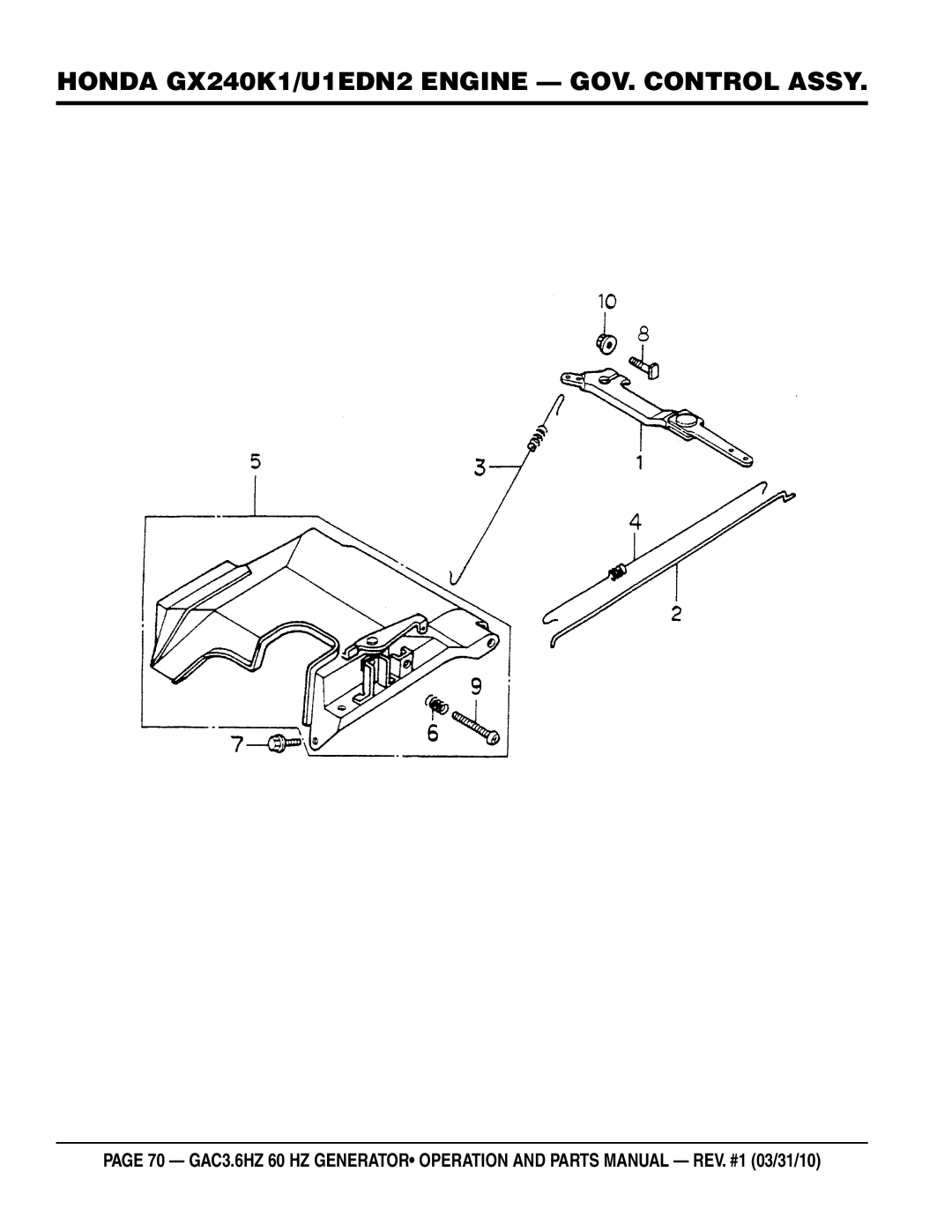 Multiquip GAC3.6HZ manual Honda gx240k1/u1edn2 engine GOV. Control assy 