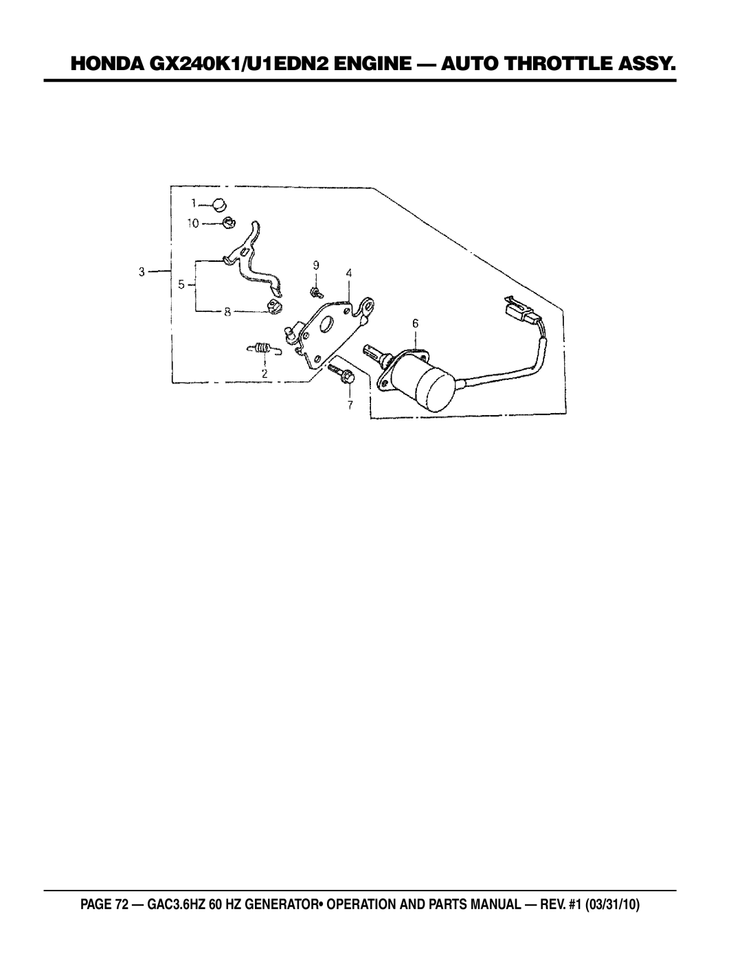 Multiquip GAC3.6HZ manual Honda gx240k1/u1edn2 engine Auto Throttle assy 