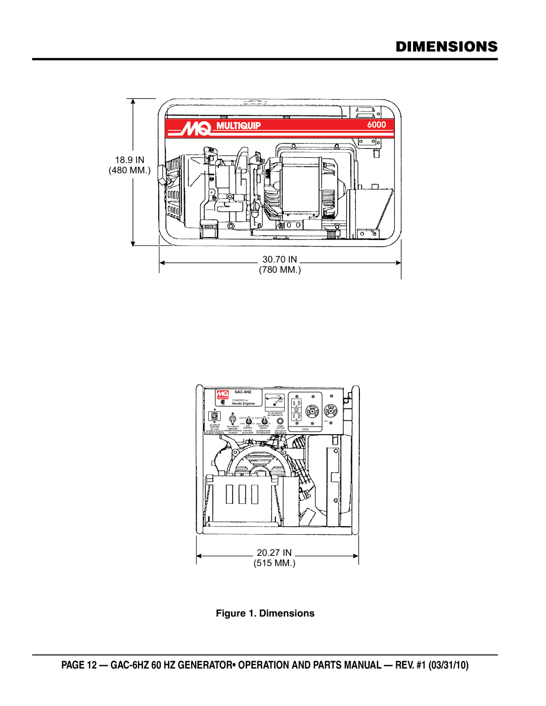 Multiquip GAC6HZ manual Dimensions, 18.9 480 MM 30.70 in 780 MM 