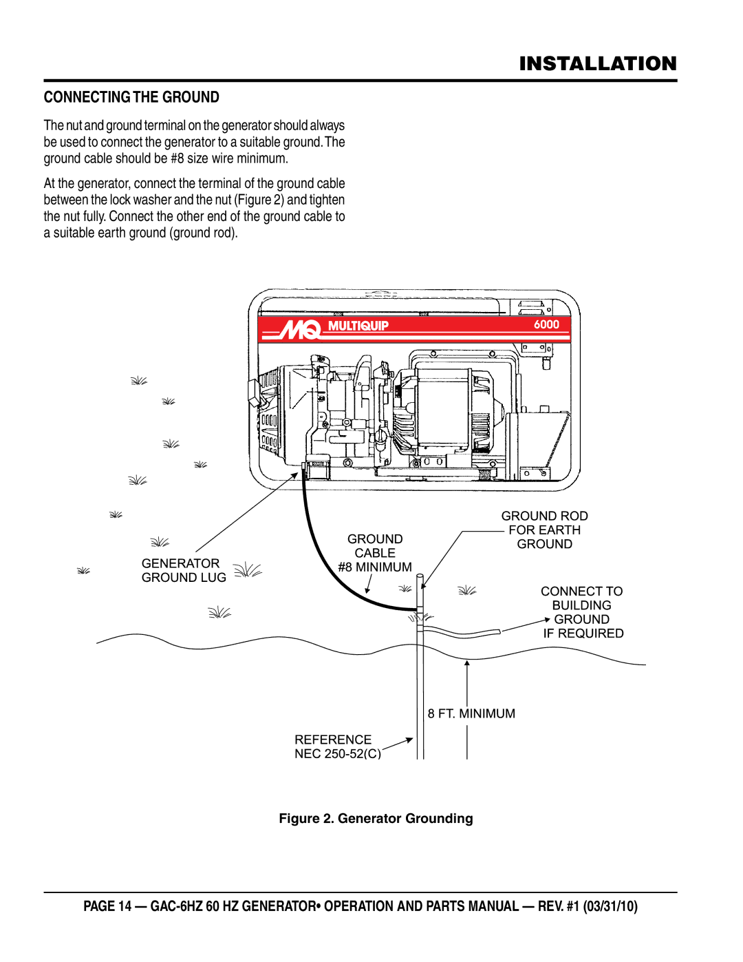 Multiquip GAC6HZ manual Installation, Connecting the Ground 