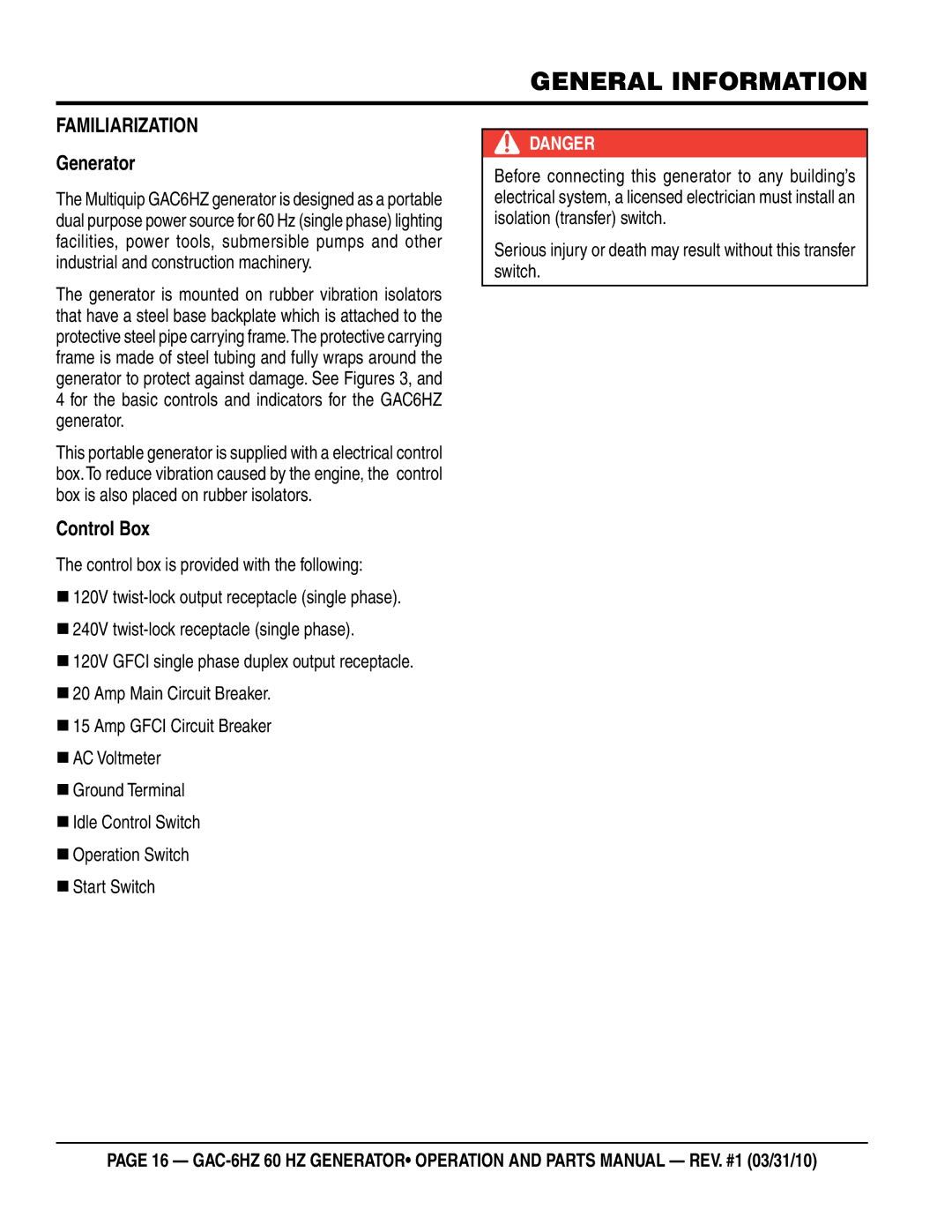 Multiquip GAC6HZ manual General information, Generator, Control Box 