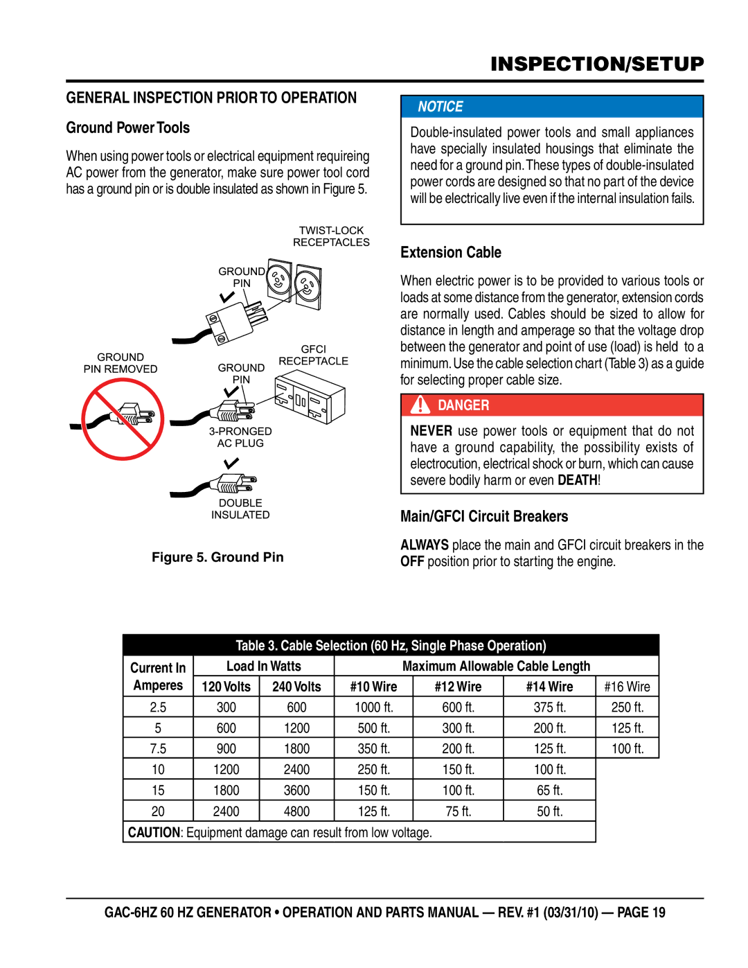 Multiquip GAC6HZ General Inspection Prior to Operation Ground Power Tools, Extension Cable, Main/GFCI Circuit Breakers 