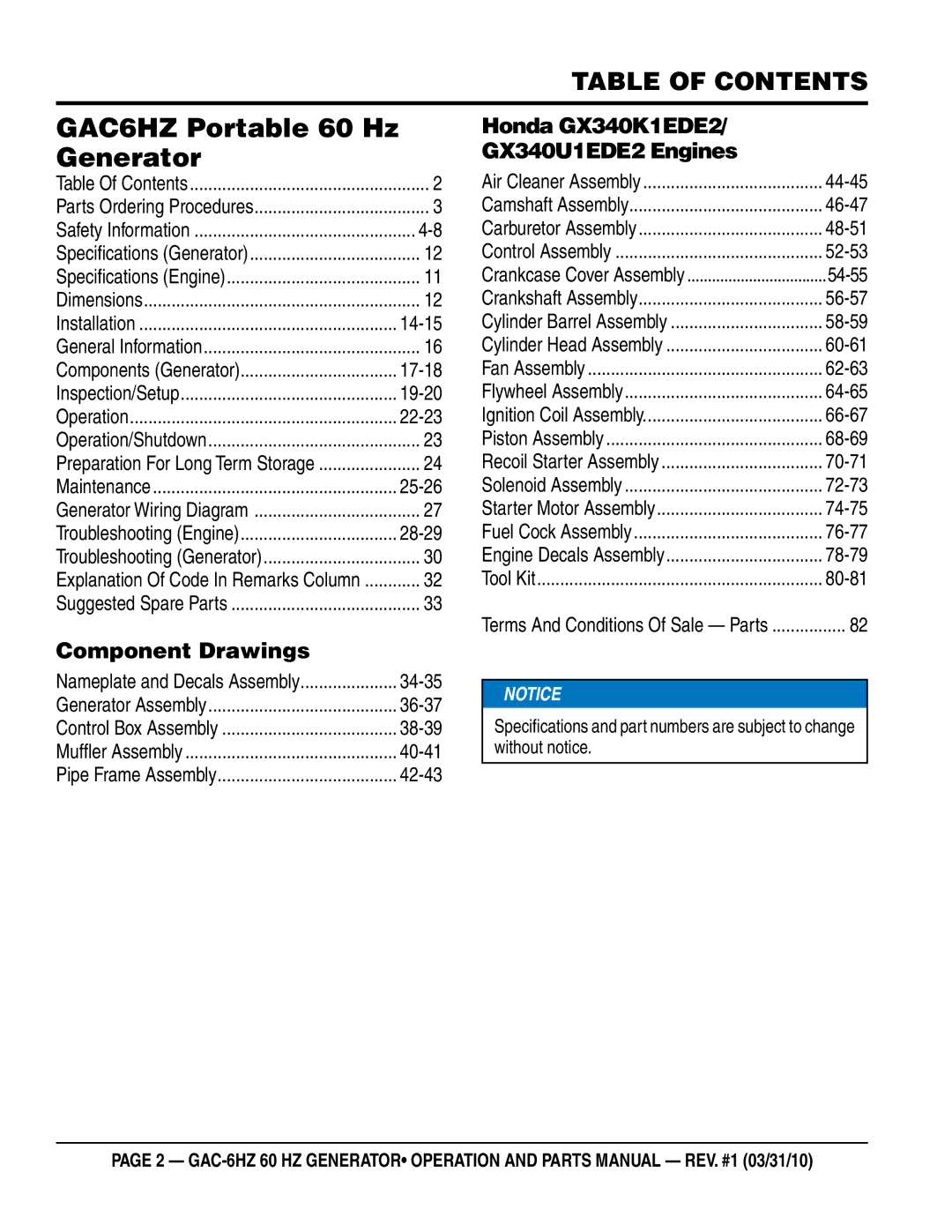 Multiquip manual GAC6HZ Portable 60 Hz Generator, Table of Contents 