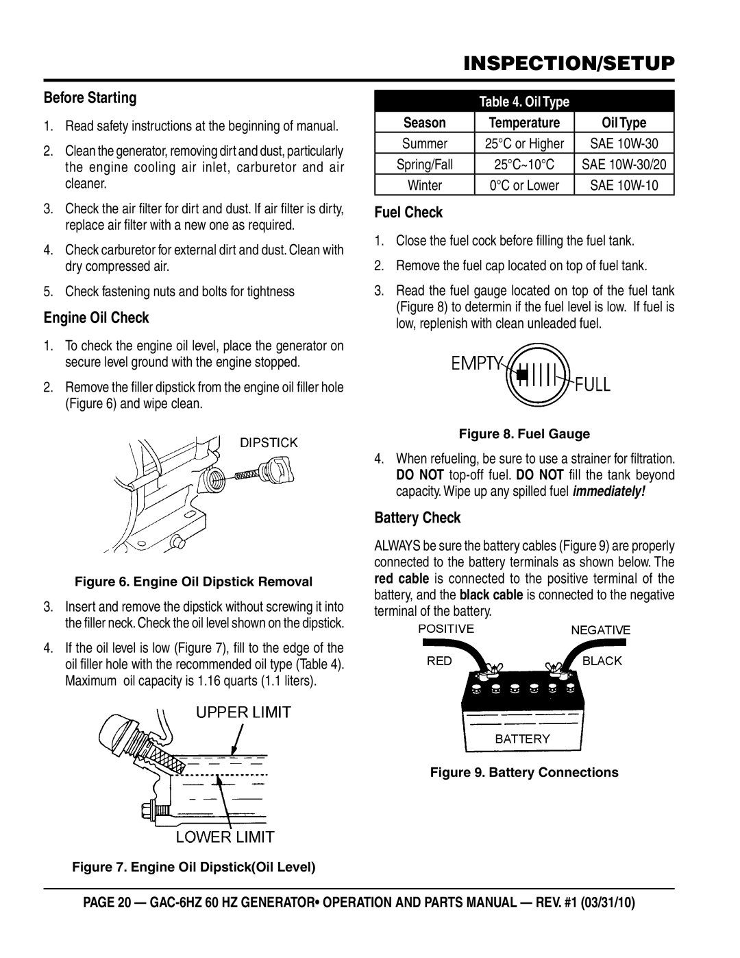 Multiquip GAC6HZ manual Before Starting, Engine Oil Check, Fuel Check, Battery Check 