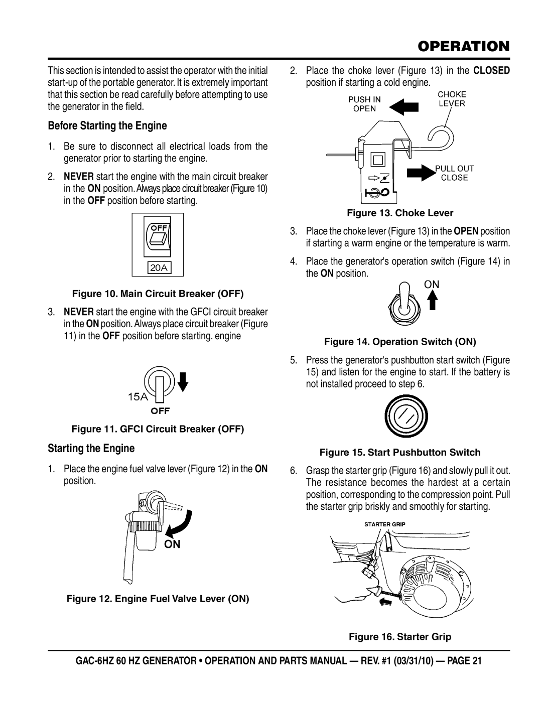 Multiquip GAC6HZ manual Operation, Before Starting the Engine 