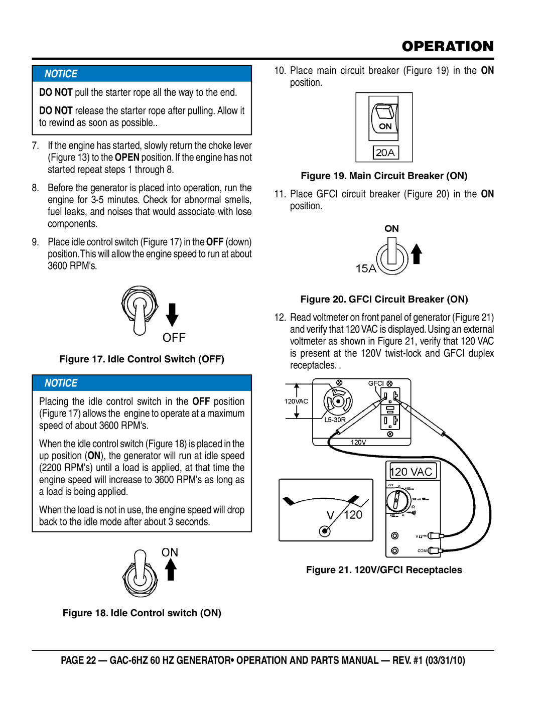 Multiquip GAC6HZ manual Do not pull the starter rope all the way to the end 