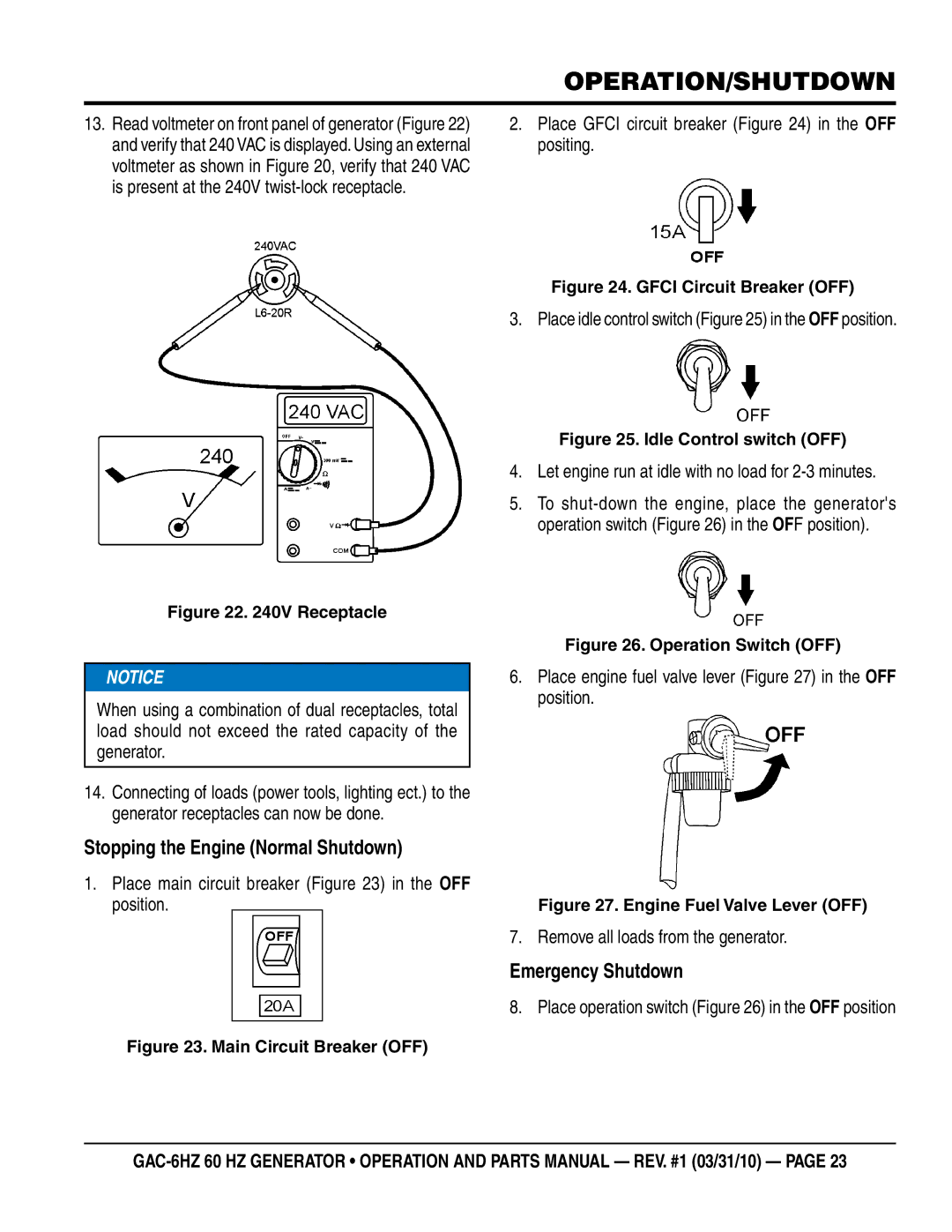 Multiquip GAC6HZ manual Operation/shutdown, Stopping the Engine Normal Shutdown, Emergency Shutdown 