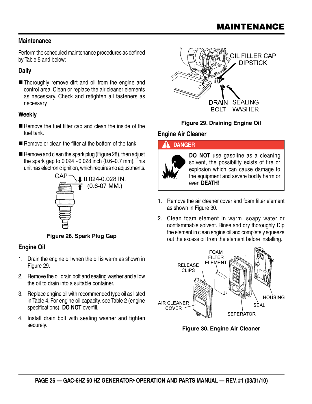 Multiquip GAC6HZ manual Maintenance, Daily, Weekly, Engine Oil, Engine Air Cleaner 